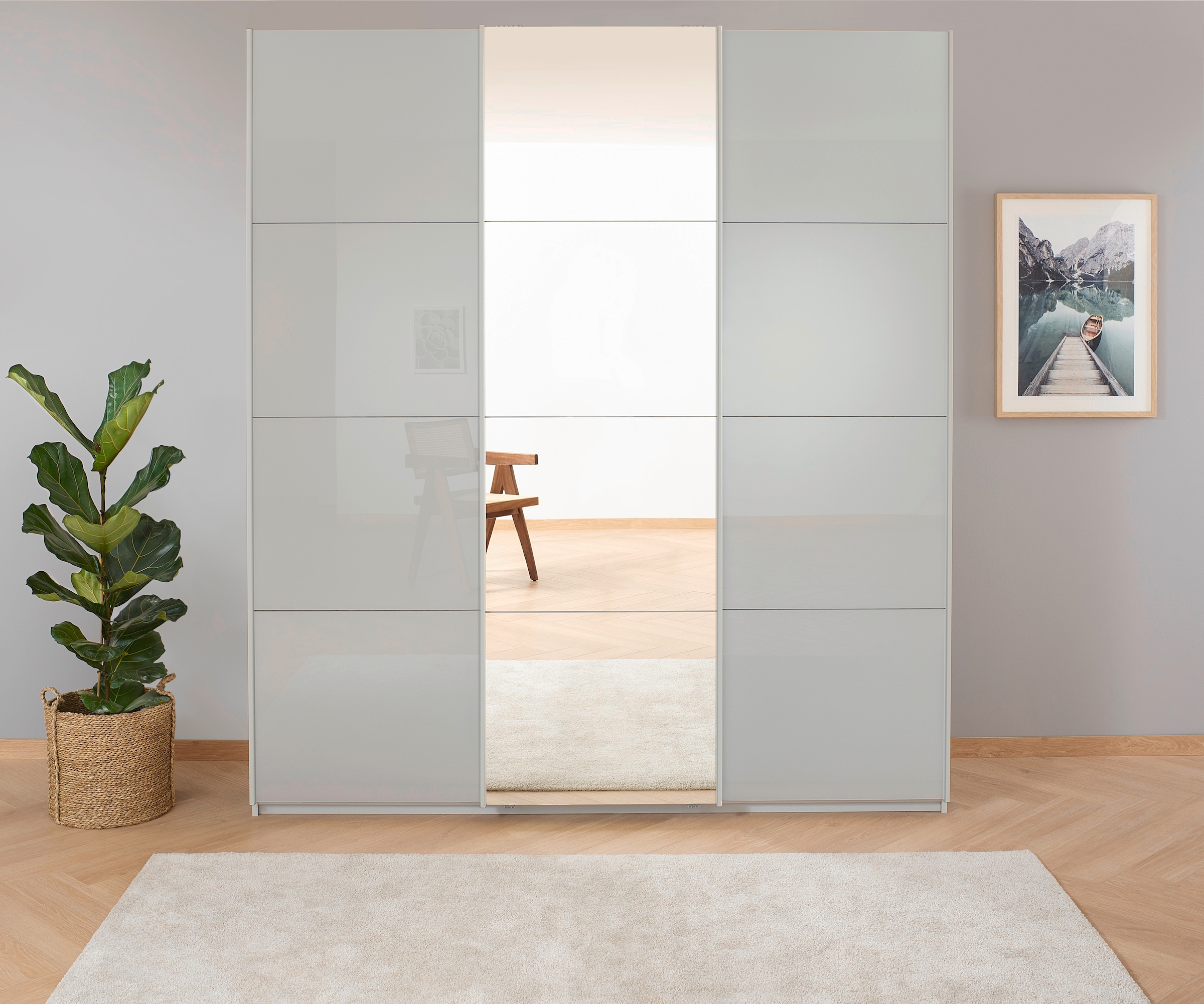 rauch Schwebetürenschrank »Kleiderschrank Schrank Garderobe KOLUNA mit Glastüren und Spiegel«, inkl. 2 Innenschubladen sowie extra Einlegeböden MADE IN GERMANY