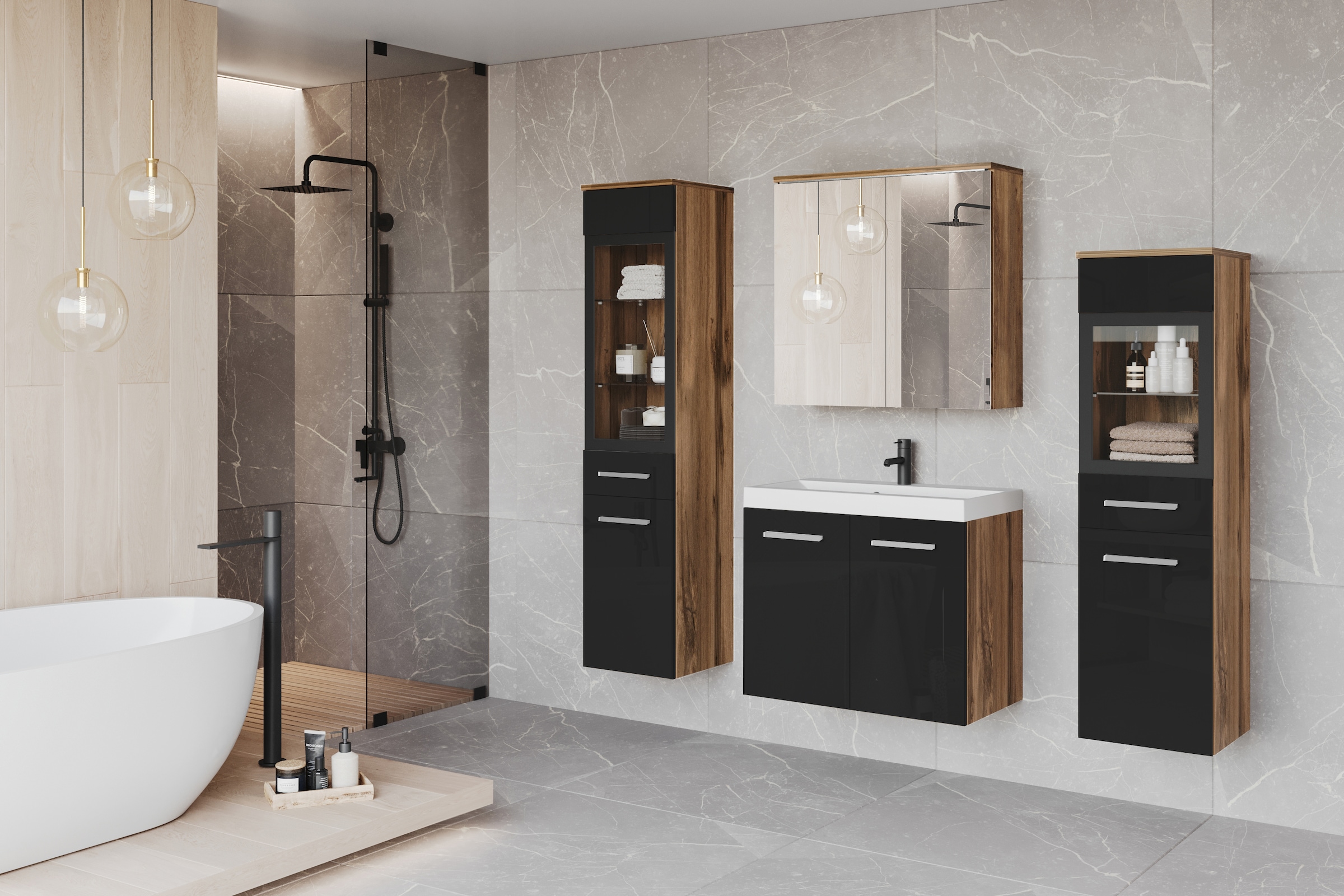 welltime Badmöbel-Set »MADRIT II, Schrank mit Waschbecken, 2 Hänger, Spiegelschrank«, (Komplett-Set, 5 St.), Hängende Badmöbel mit Glaseinsätzen – in vielen Farben erhältlich