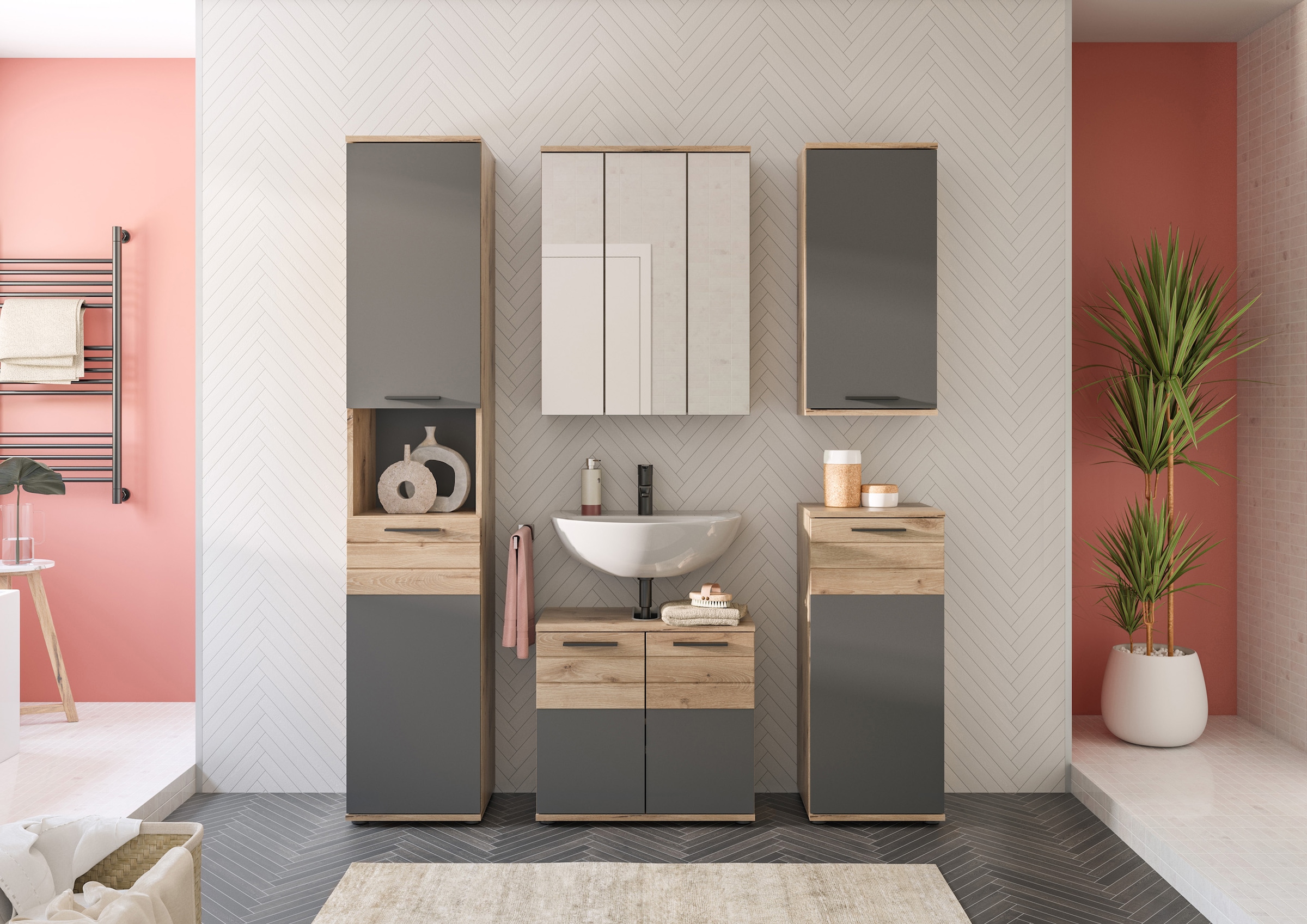 INOSIGN Badmöbel-Set »Riga, 5 teilig, bestehend aus:«, (Set, 5 St.), Hochschrank, WBU, Spiegel, Unterschrank, Hängeschrank