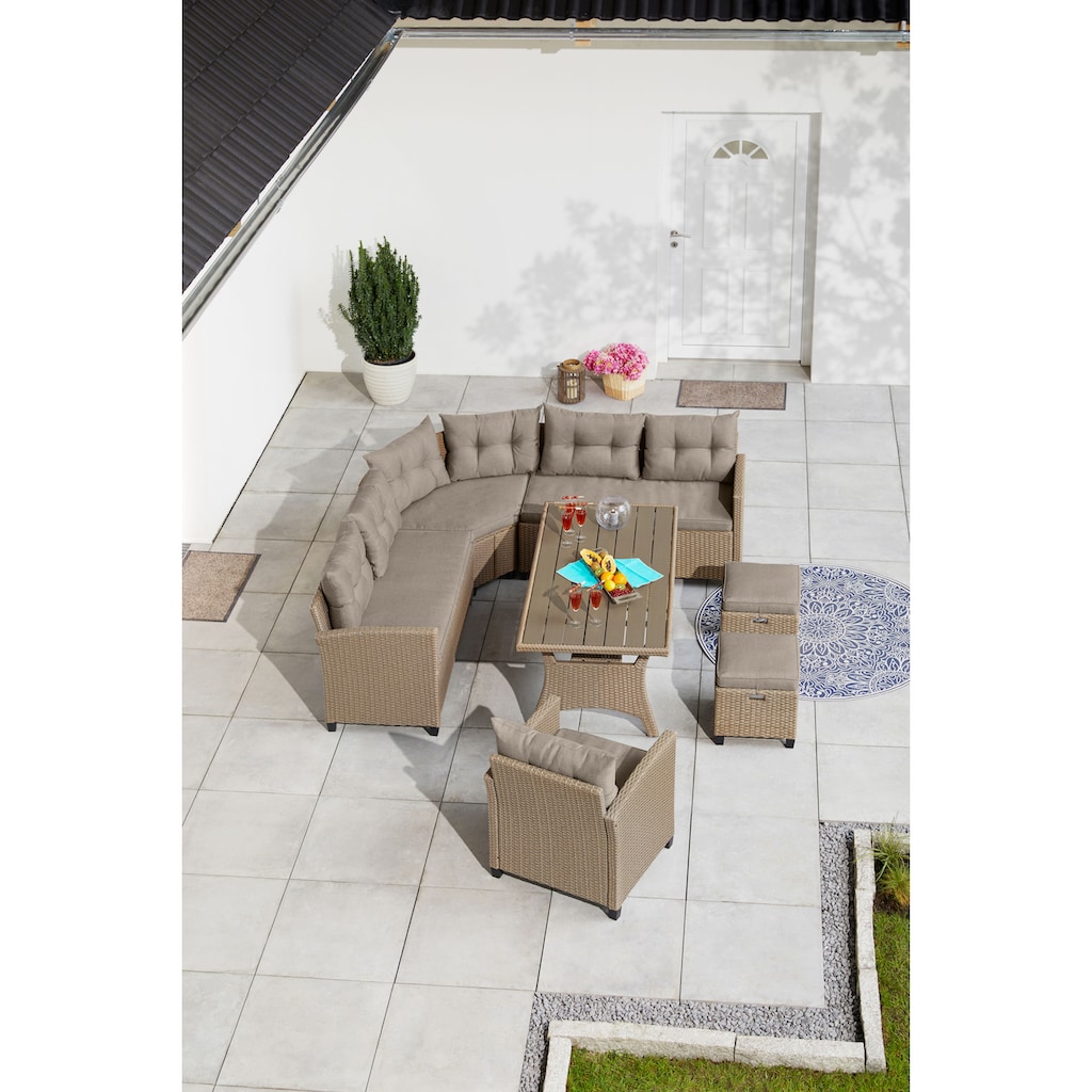 KONIFERA Gartenlounge-Set »Keros Premium«, (Set, 20 tlg., 2x 2er Sofa, 1x Ecke, 1x Sessel, 2x Hocker, 1x Tisch 145x75x67,5cm), Ecklounge, Polyrattan, Stahl, geeignet für 8 Personen, inkl. Auflagen