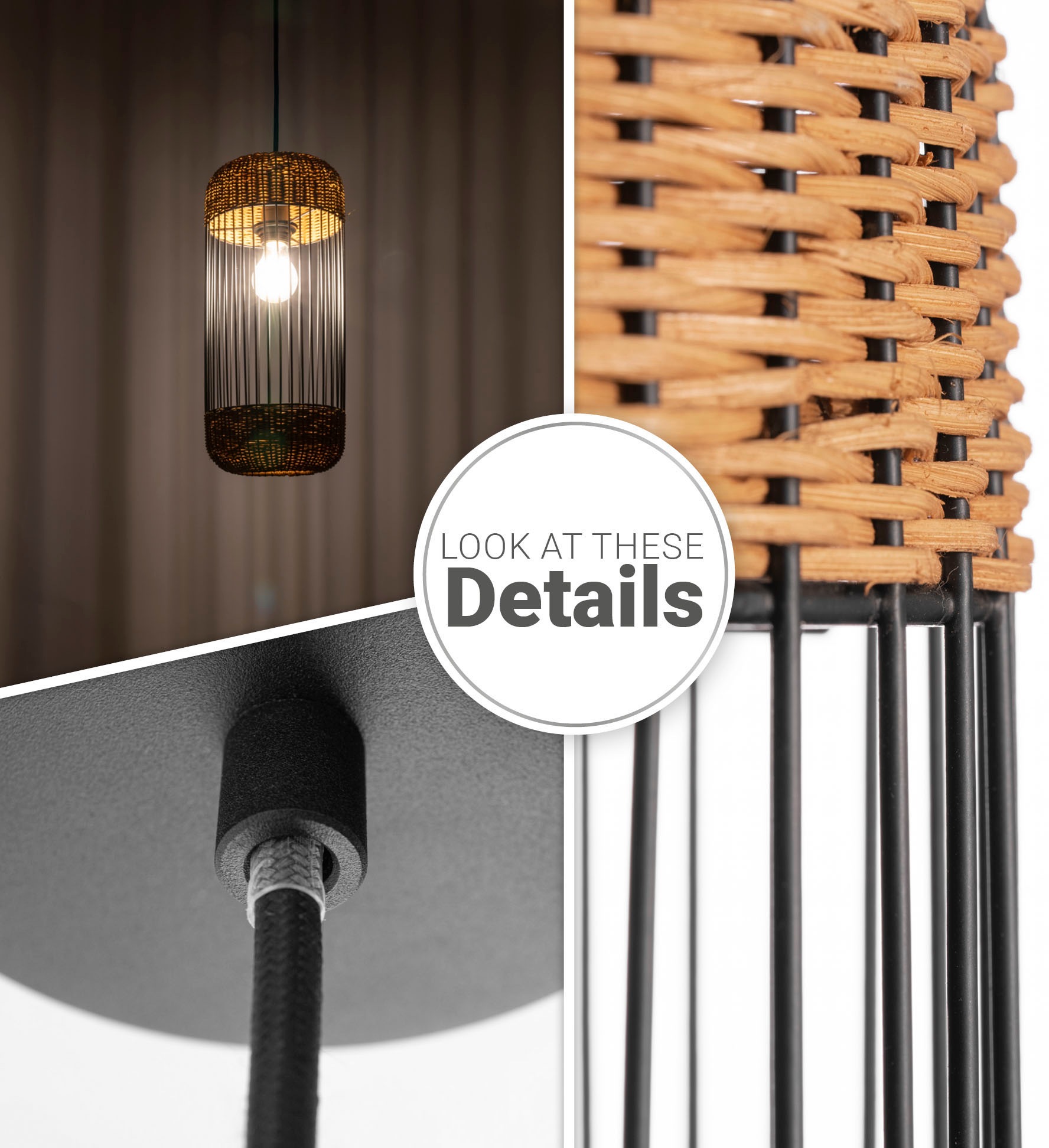 Paco Home Pendelleuchte »PUSTA«, Leuchtmittel E27 | ohne Leuchtmittel, Rattan Esszimmer Lampe Pendelleuchte Boho Zylinder Rustikal E27