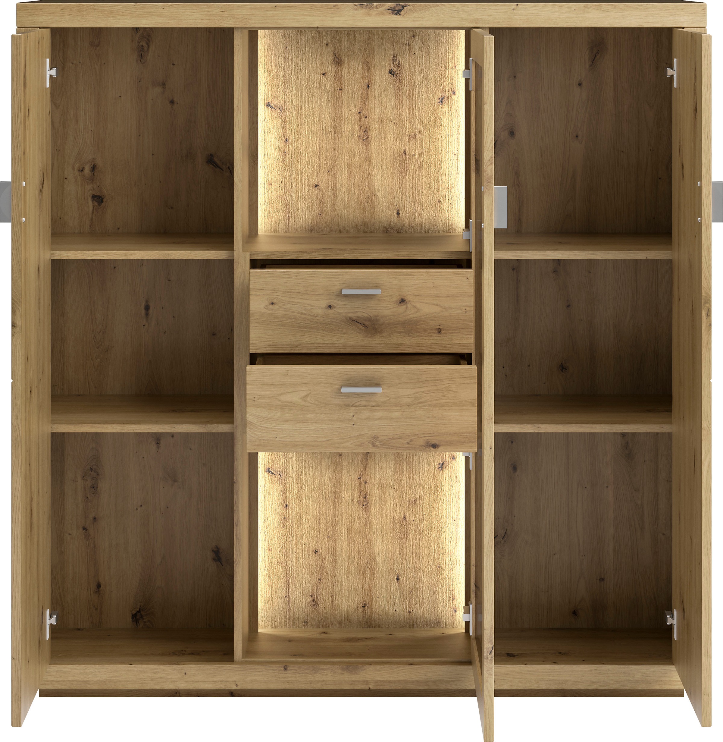 set one by Musterring Highboard »Chandler«, Rückwand mit sangestrahlter Optik, Tür mit Glasausschnitt