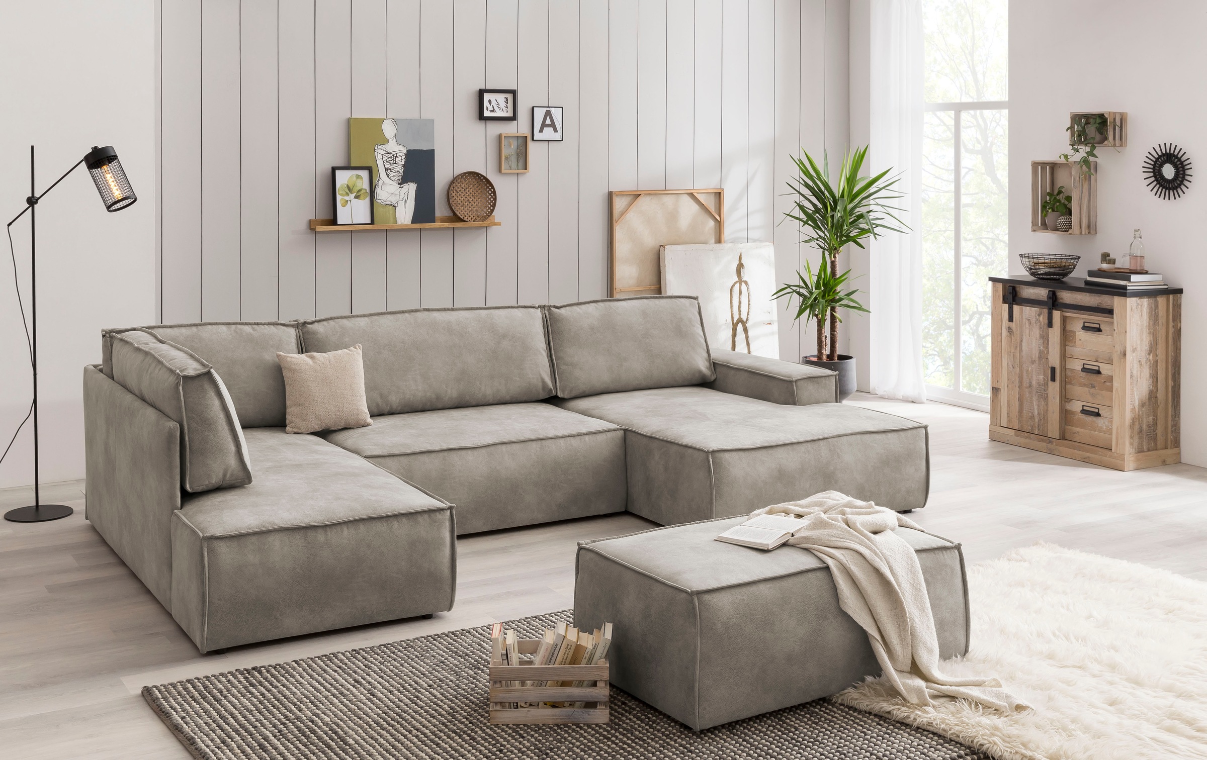 Home affaire Wohnlandschaft »SHERWOOD 329 cm, U-Form, Schlafsofa,«, Schlaffunktion m. Bettkasten (194x139 cm), Cord, Vintage, Samtvelours