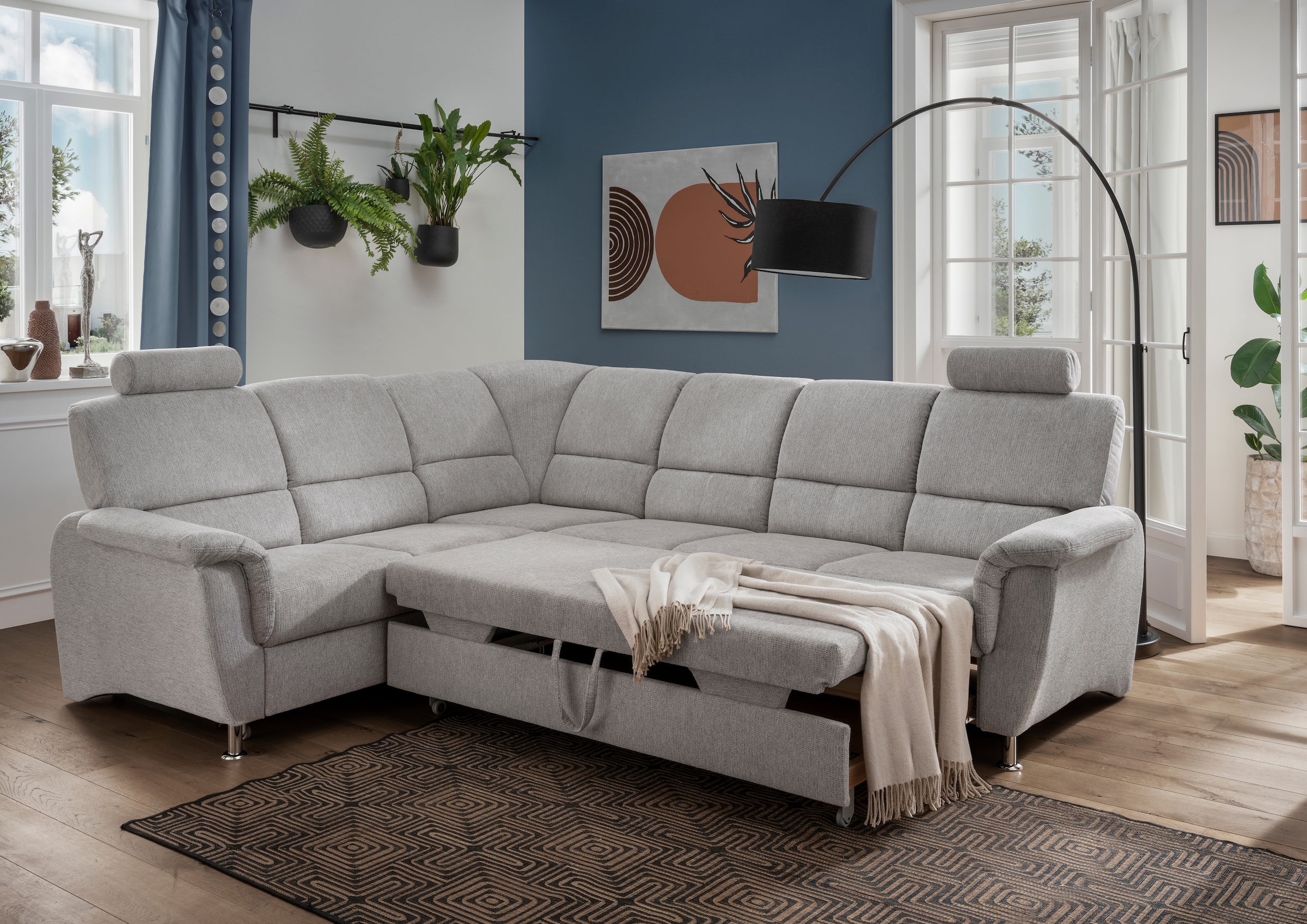 Home affaire Ecksofa »Pisa L-Form, mit Schlaffunktion, Stauraum, 2x höhenverstellbare«, Kopfstützen und Relaxfunktion im Eckelement