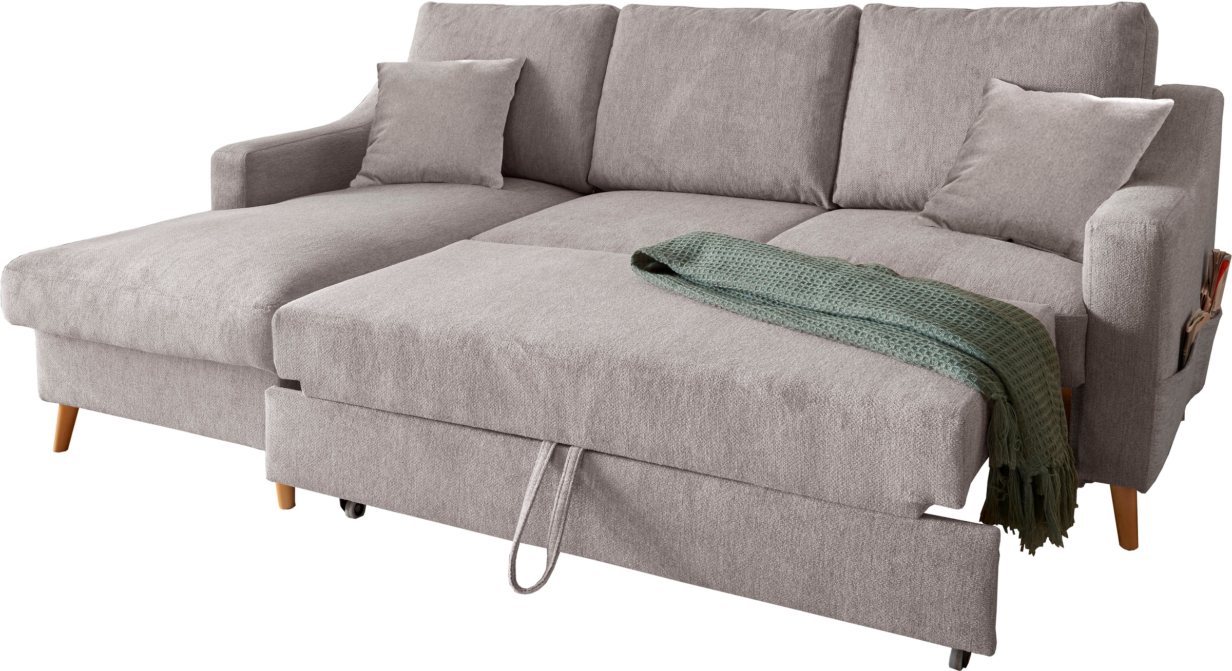 INOSIGN Ecksofa »Valentina L-Form«, 2 Zierkissen, mit Seitentasche, ausziehbarer Liegefläche, Bettkasten