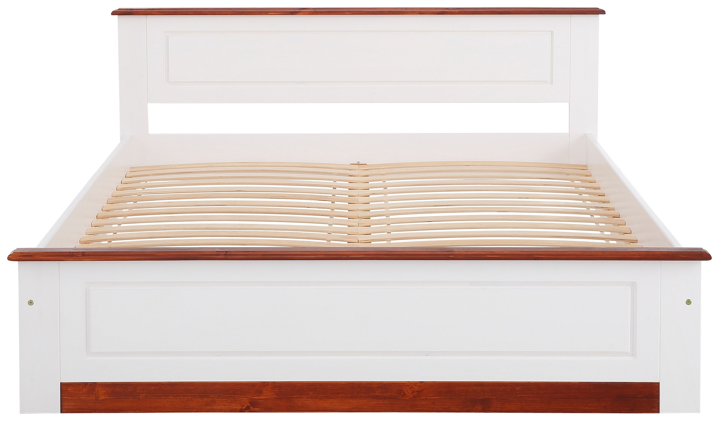Home affaire Massivholzbett »Madrid, Landhausstil, hohe Belastbarkeit!«, (Breite/Belastbarkeit 180cm/220 KG, 160cm/200 KG, 90cm/=120 KG), aus FSC®-zertifizierter Kiefer, INKLUSIVE Rollrost, Kassettenoptik