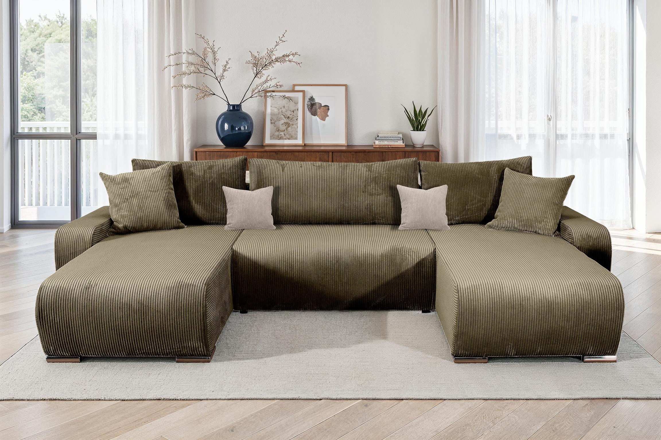 COLLECTION AB Wohnlandschaft »Paola U-Form«, mit Schlaffunktion, Stauraum, Zierkissen und Bonnellfederkern, Cord