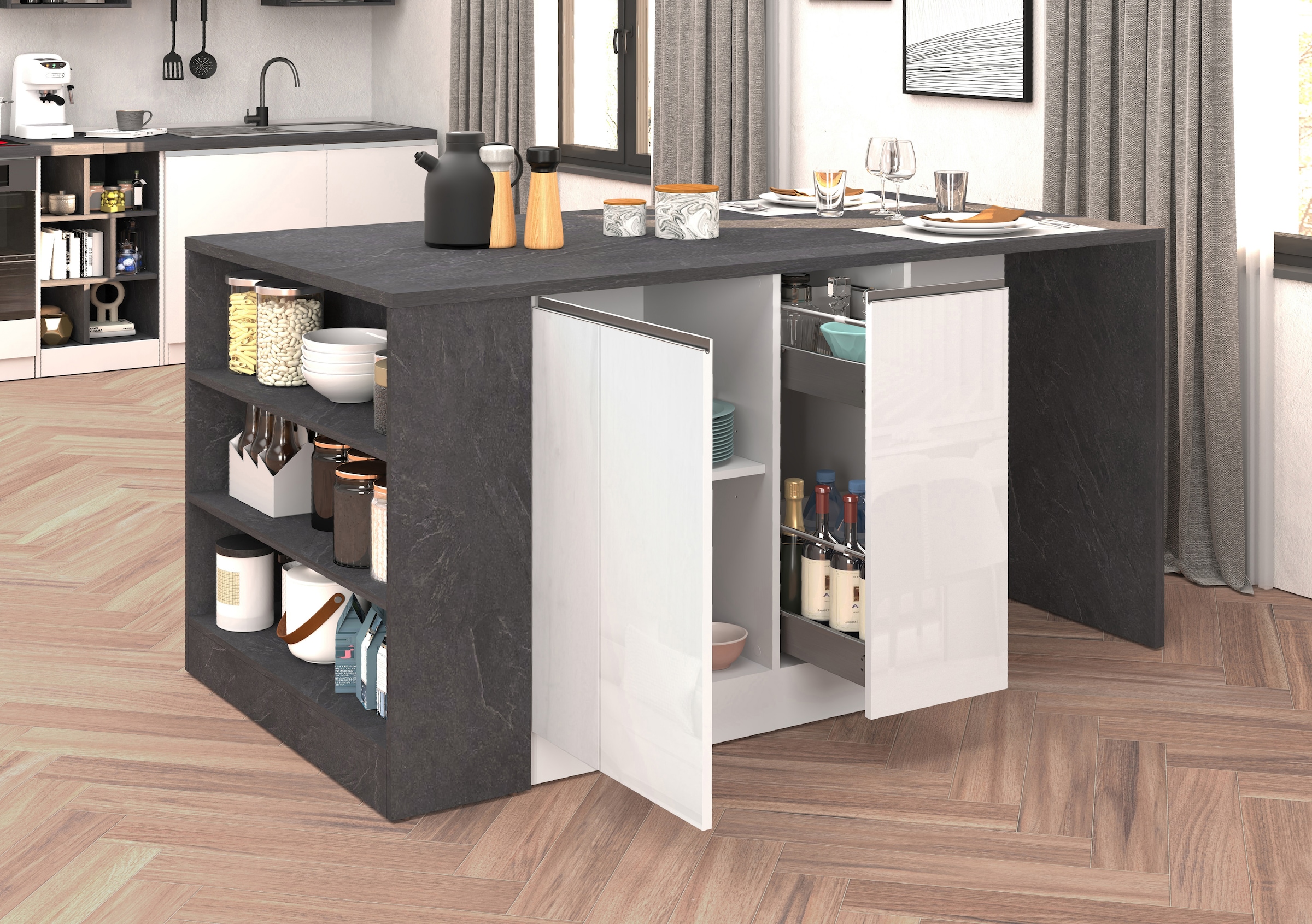 KOCHSTATION Kücheninsel »KS-Sole, Kochinsel, Küchenarbeitsblock, Arbeitsinsel, Made in Italy« Breite 167,5 cm, 2 Apothekerauszüge, 2 Essplätze, 1 offenes Regal