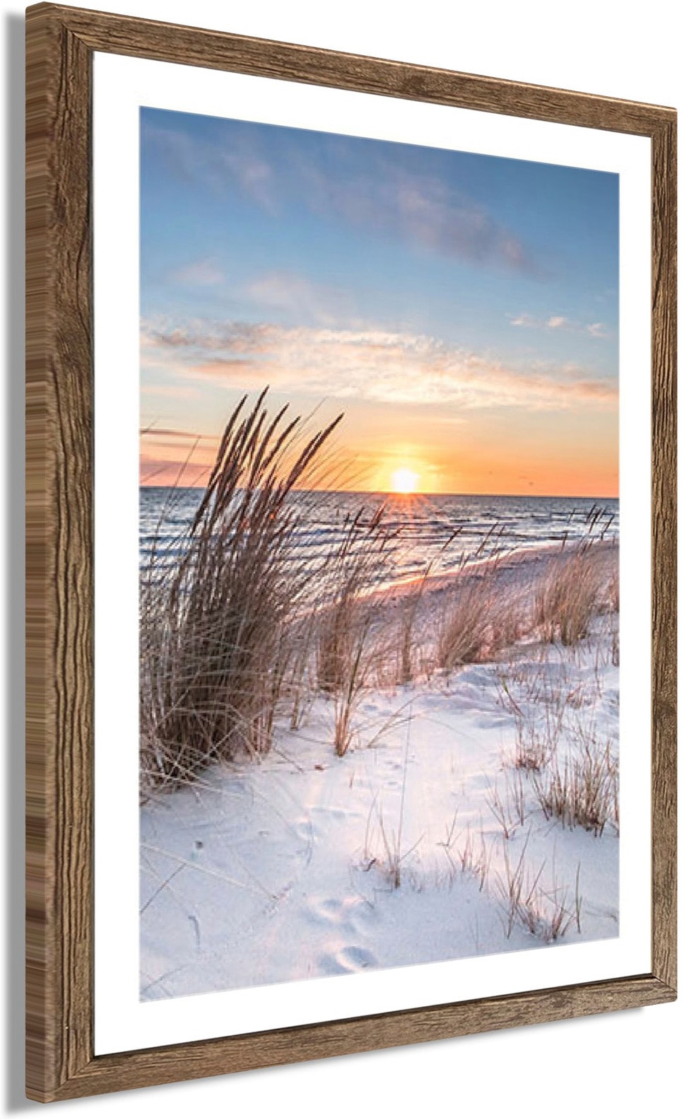 Bönninghoff Bild mit Rahmen »Wandbild gerahmt STRAND BEI SONNENAUFGANG 40x50 cm – Natur Wanddeko« Düne | Gräser | Küste | Landschaft | Meer | Natur | Sonnenaufgang & -untergang | Strand 1 Stk. tlg. mit dekorativem Rahmen