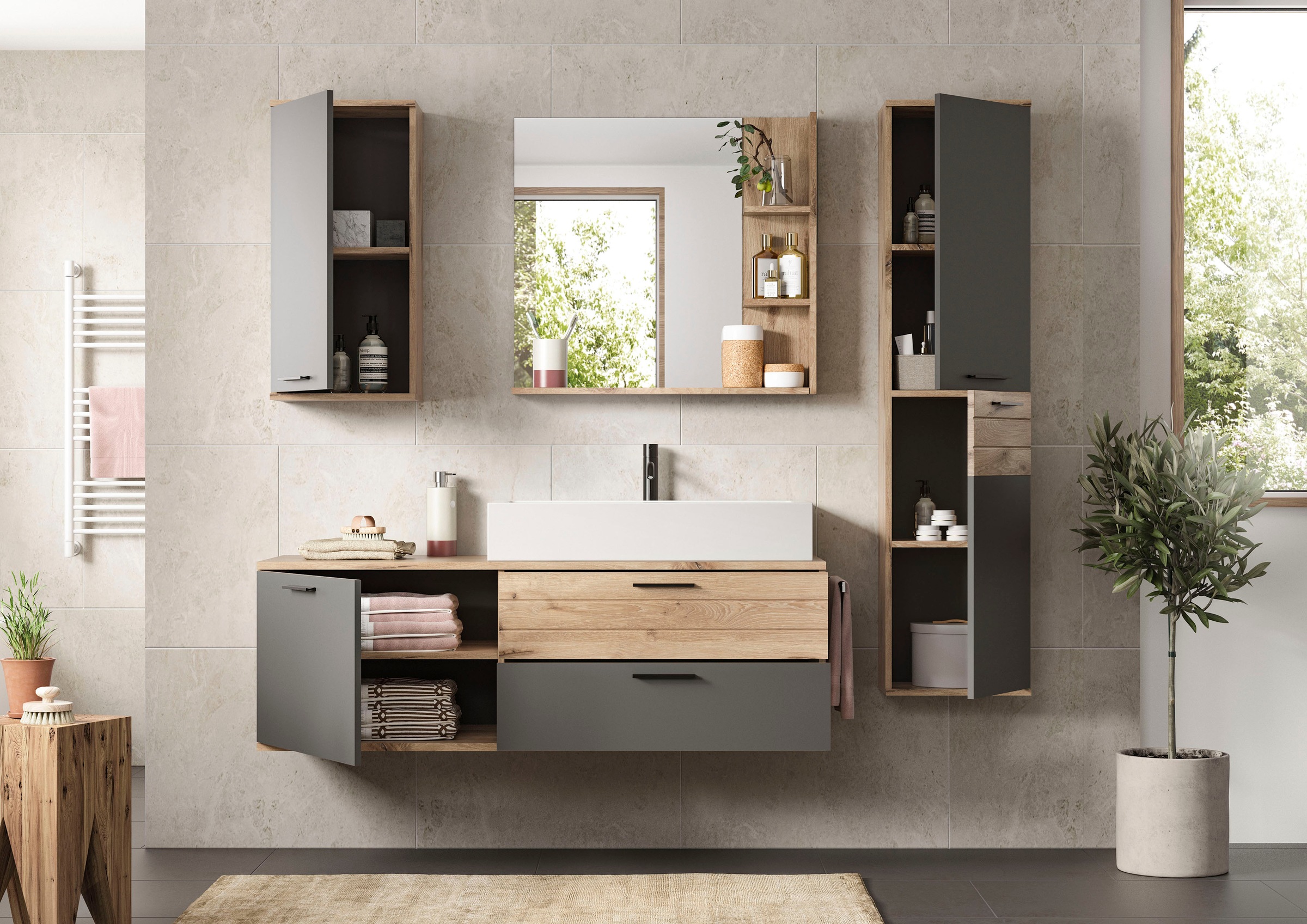 INOSIGN Badmöbel-Set »Riga, 4 teilig, inklusive Keramik-Aufsatzwaschbecken, bestehend aus:«, (Set, 4 St.), Waschtisch-Set, Hängeschrank, Badspiegel, Midischrank