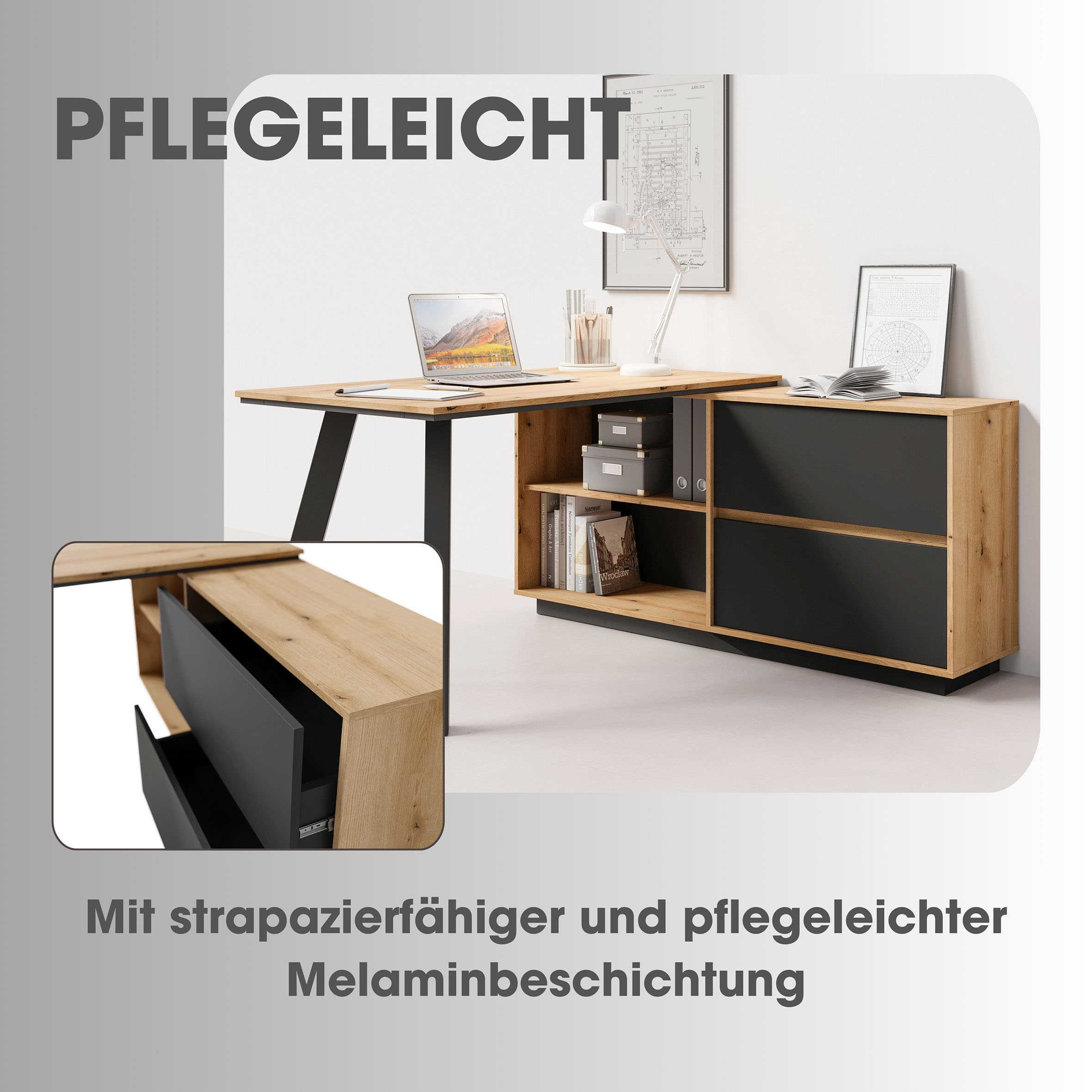 byLIVING Schreibtisch »TALOS« Tischplatte Evoke Eiche, aufgedoppelt, zweifarbige Kante, Schubkästen
