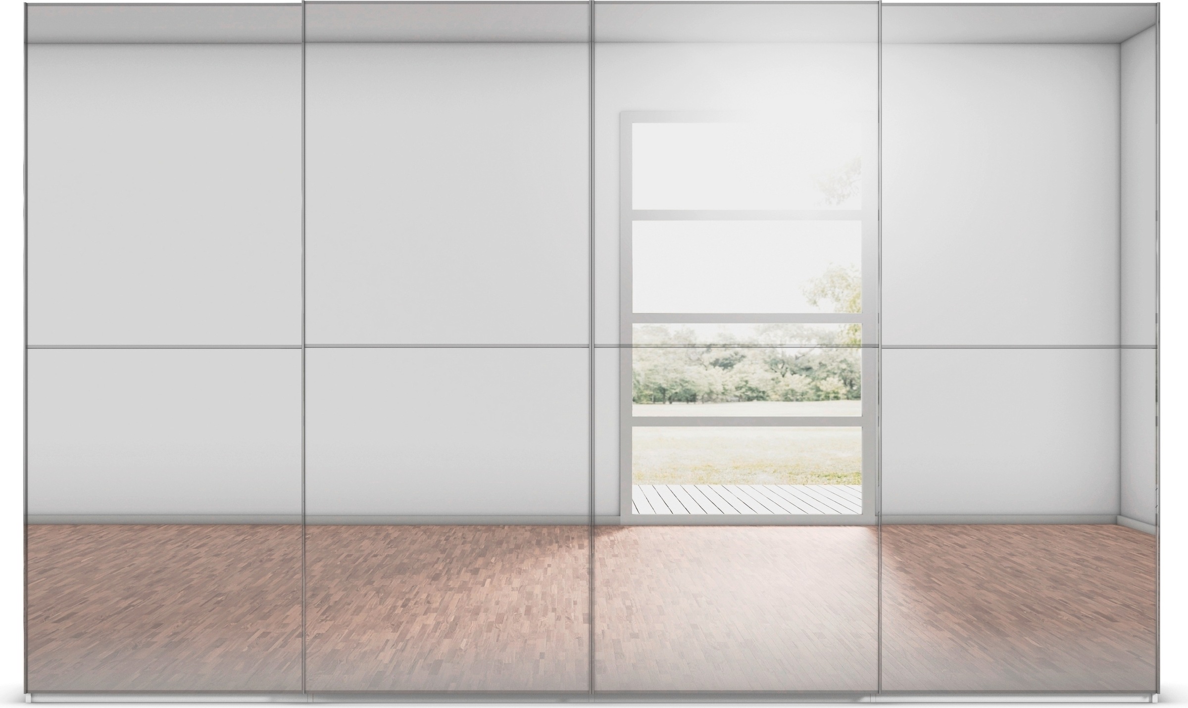 rauch Schwebetürenschrank »Kleiderschrank Schrank Garderobe Schlafzimmerschrank SCALE-DUO«, edle zweigeteilte Türen Spiegelfront und 3 Zierleisten MADE IN GERMANY