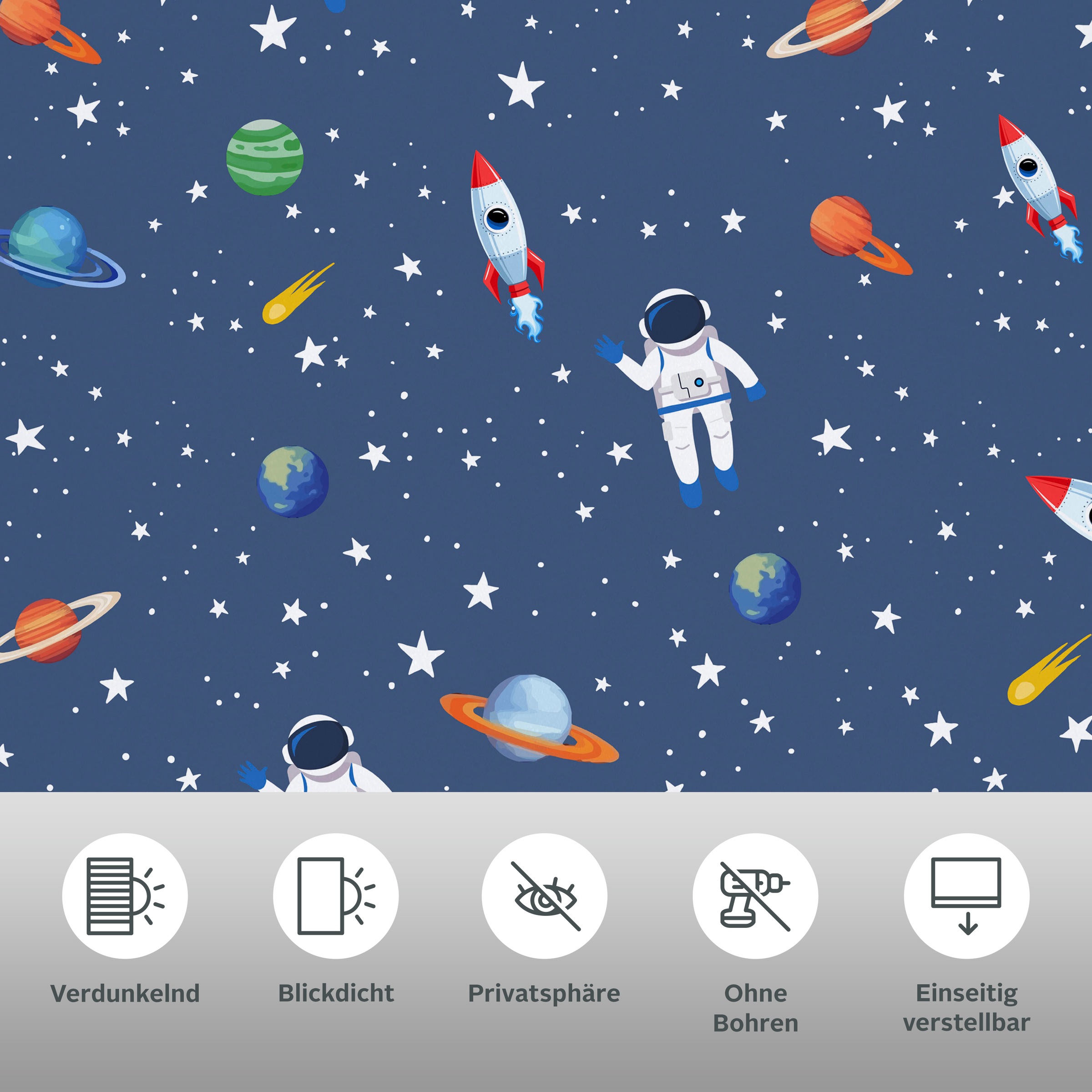 Lüttenhütt Rollo »ASTRONAUT«, verdunkelnd, Blendschutz-Sichtschutz-Verdunkelung, ohne Bohren, freihängend, Fixmaß, Klemmfix, Astronaut, Kinderrollo -NEUHEIT!