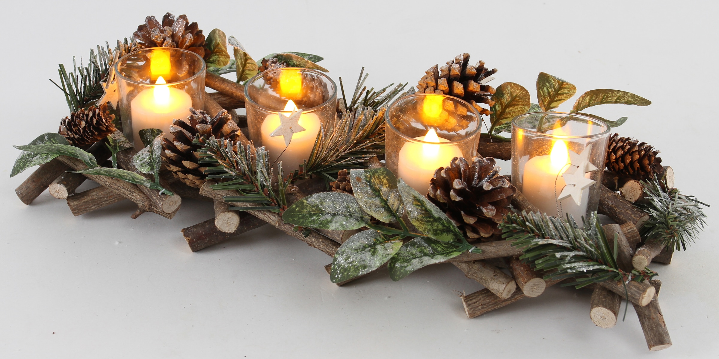 Home affaire Adventsleuchter »Weihnachtsdeko«, (1 St.), mit Tannenzweigen,  Blättern, Zapfen + Sternen geschmückt, L. ca. 40cm kaufen | Teelichthalter