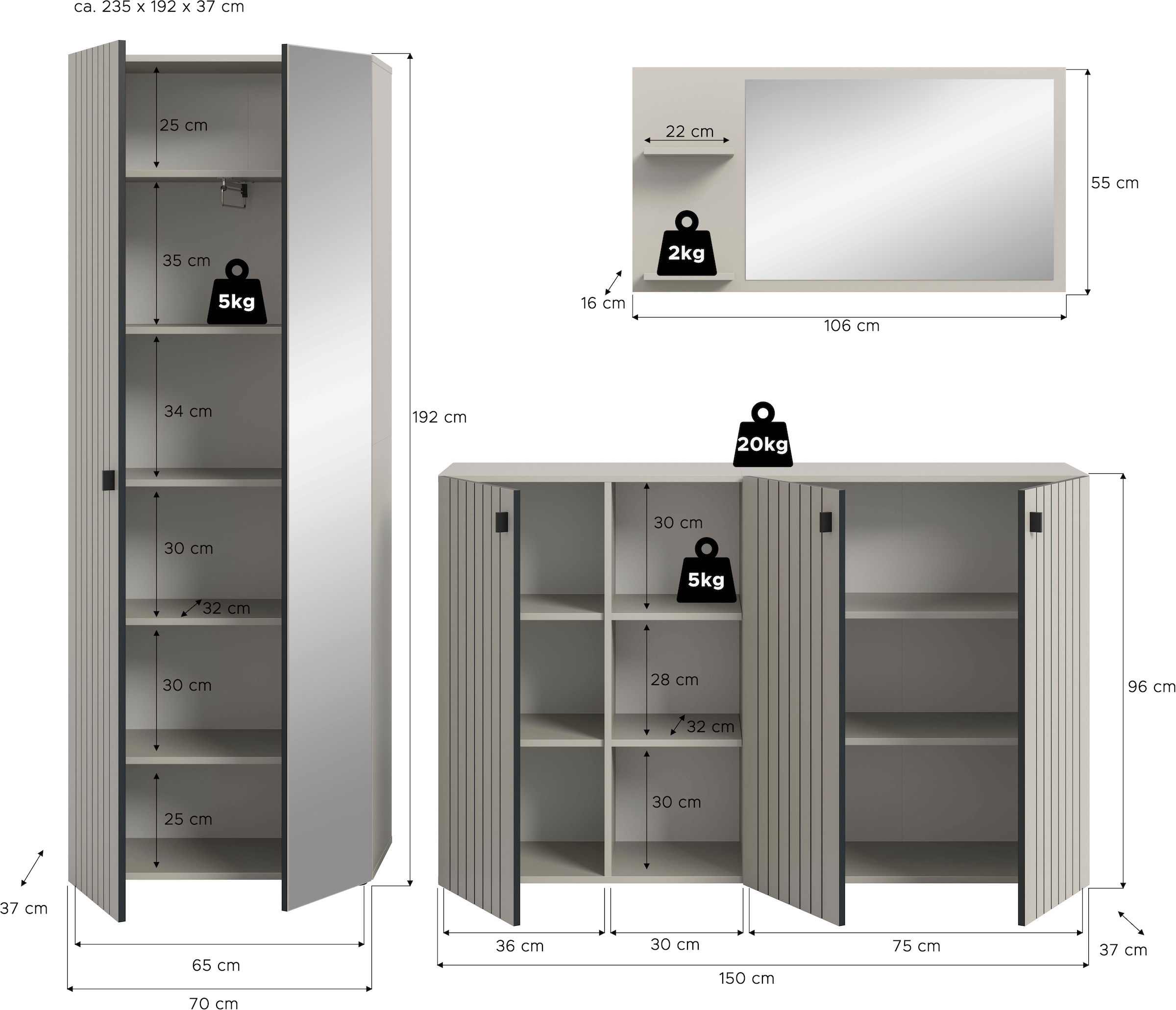 INOSIGN Garderoben-Set »TATIO, 3-tlg. Garderobenkombination, Breite: 235 cm, Rillenfräsung« Set, Set, best. aus: 1 Garderobenschrank, 1 Garderobenspiegel, Schuhkommode, 3 Stk. tlg.