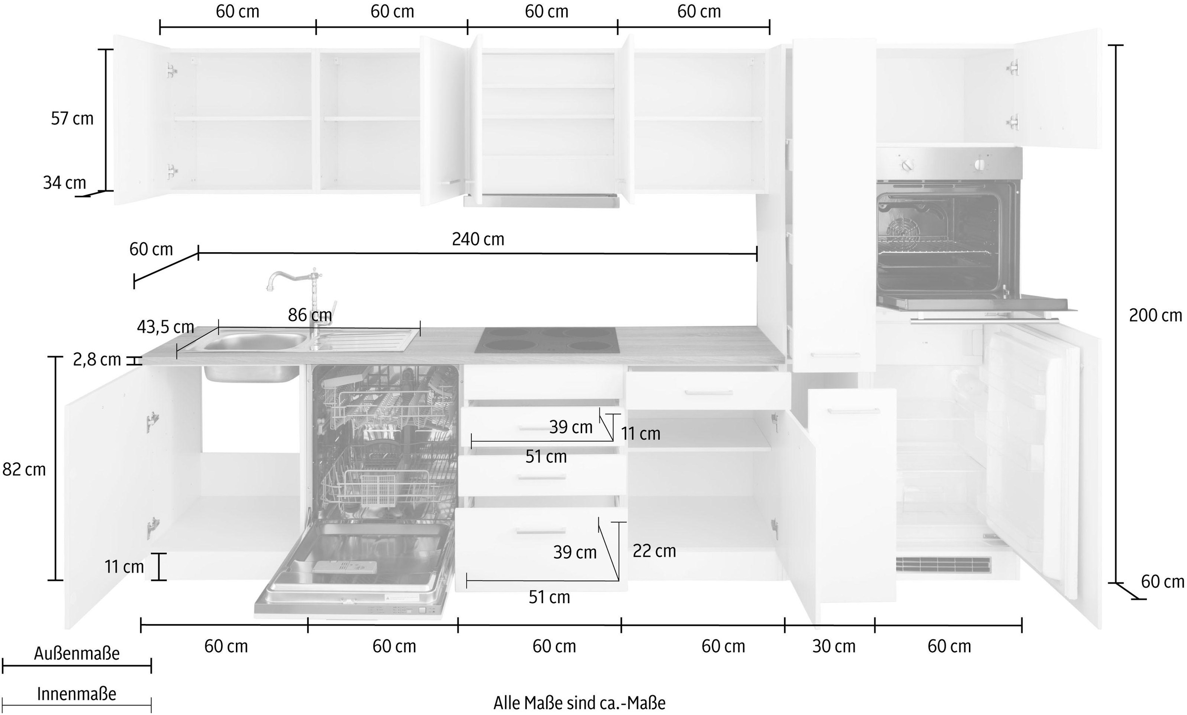 KOCHSTATION Küchenzeile »KS-Visby«, mit E-Geräten, Breite 330 cm inkl. Kühlschrank