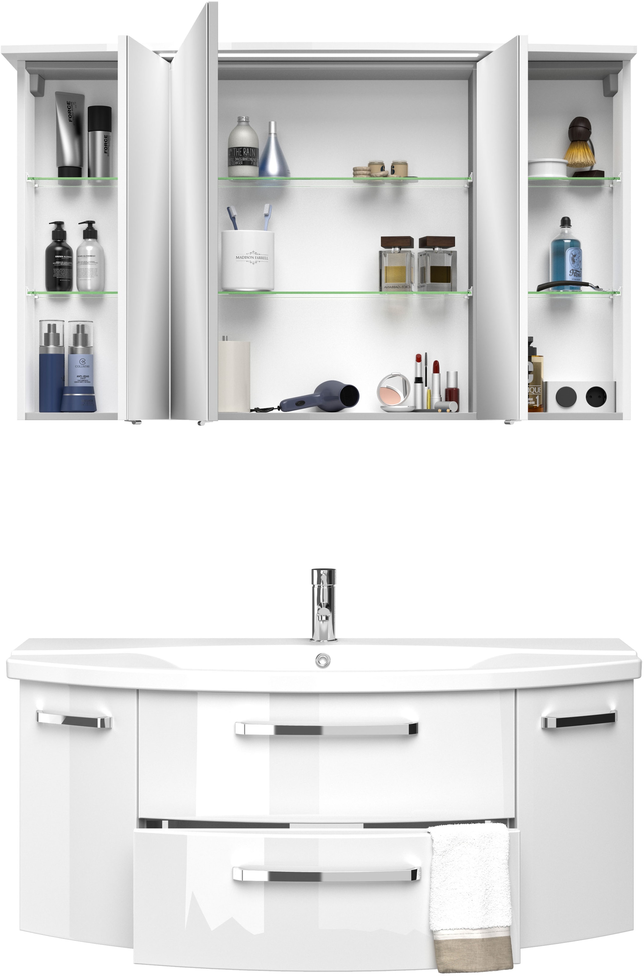 Saphir Badmöbel-Set »Serie 4010 2-teilig Keramik-Waschtisch mit LED-Spiegelschrank«, (Set), Badezimmer Set 122 cm breit, inkl. Türdämpfer, 5 Türen, 2 Schubladen