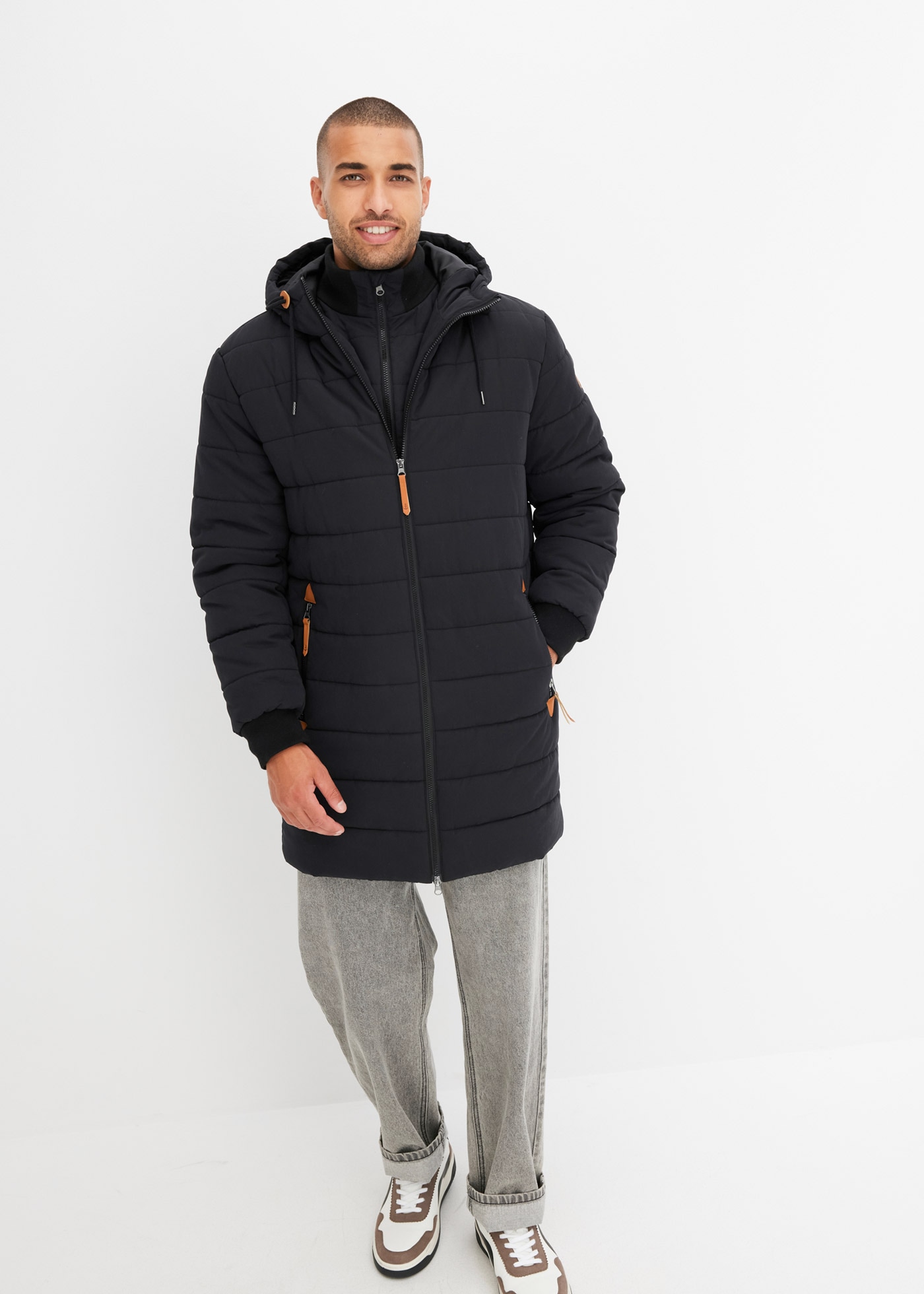 bonprix Steppjacke mit Lederimitat-Details, wattierte Fütterung, Regular Fit