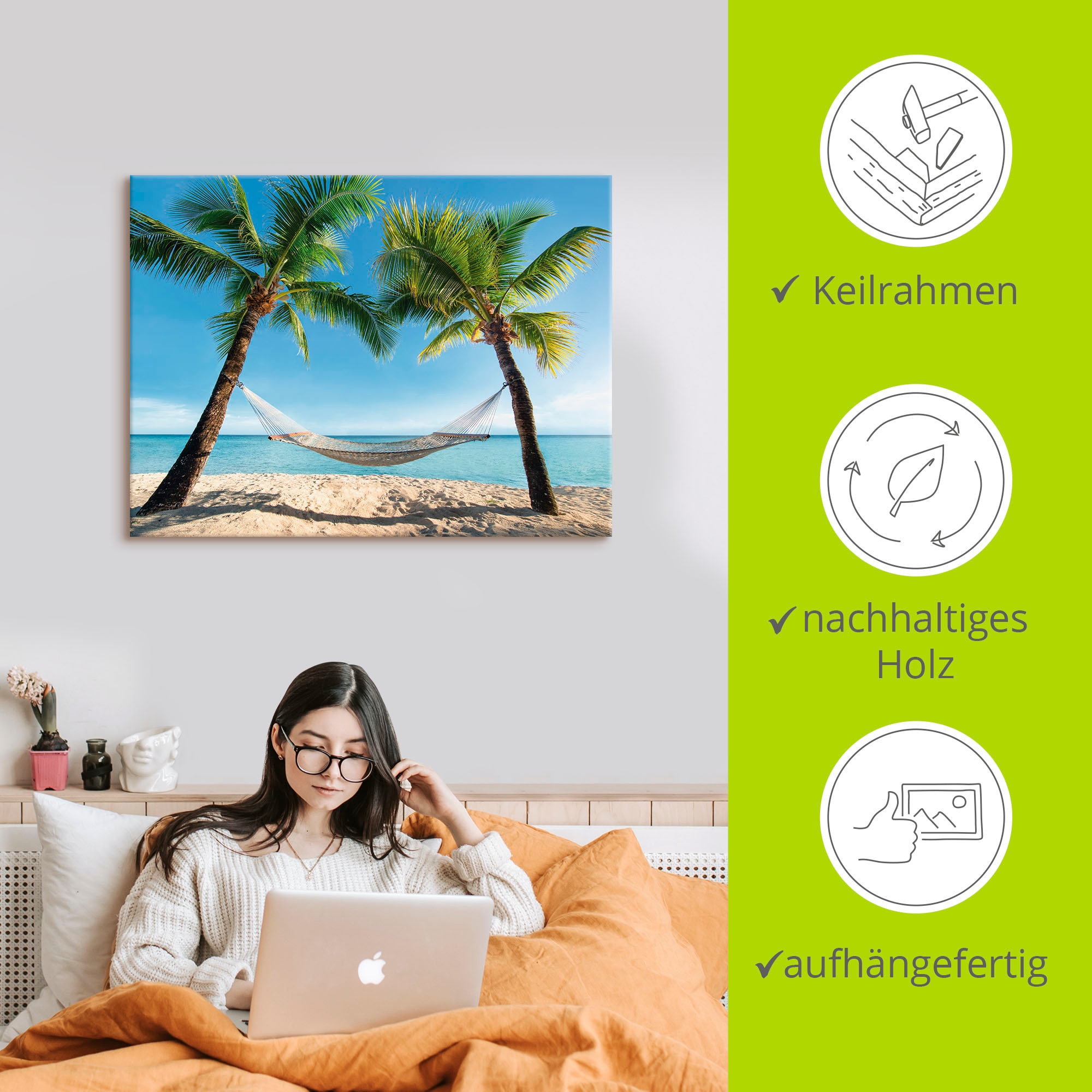Artland Wandbild »Palmenstrand Karibik mit Hängematte« Amerika 1 Stk. tlg. auf Holzrahmen gespannt
