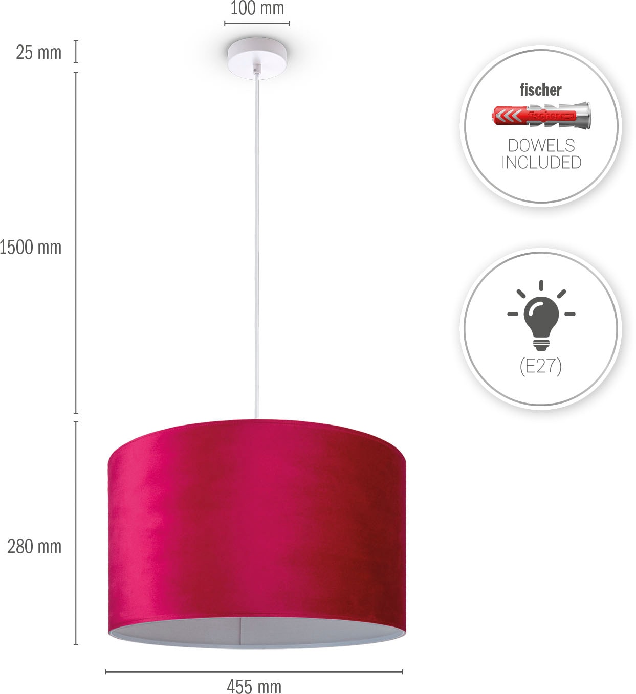 Paco Home Pendelleuchte »Hugo uni Color«, Wohnzimmer Lampenschirm aus Velour  Unifarben Deko E27 Kabel 1,5m online kaufen | Pendelleuchten