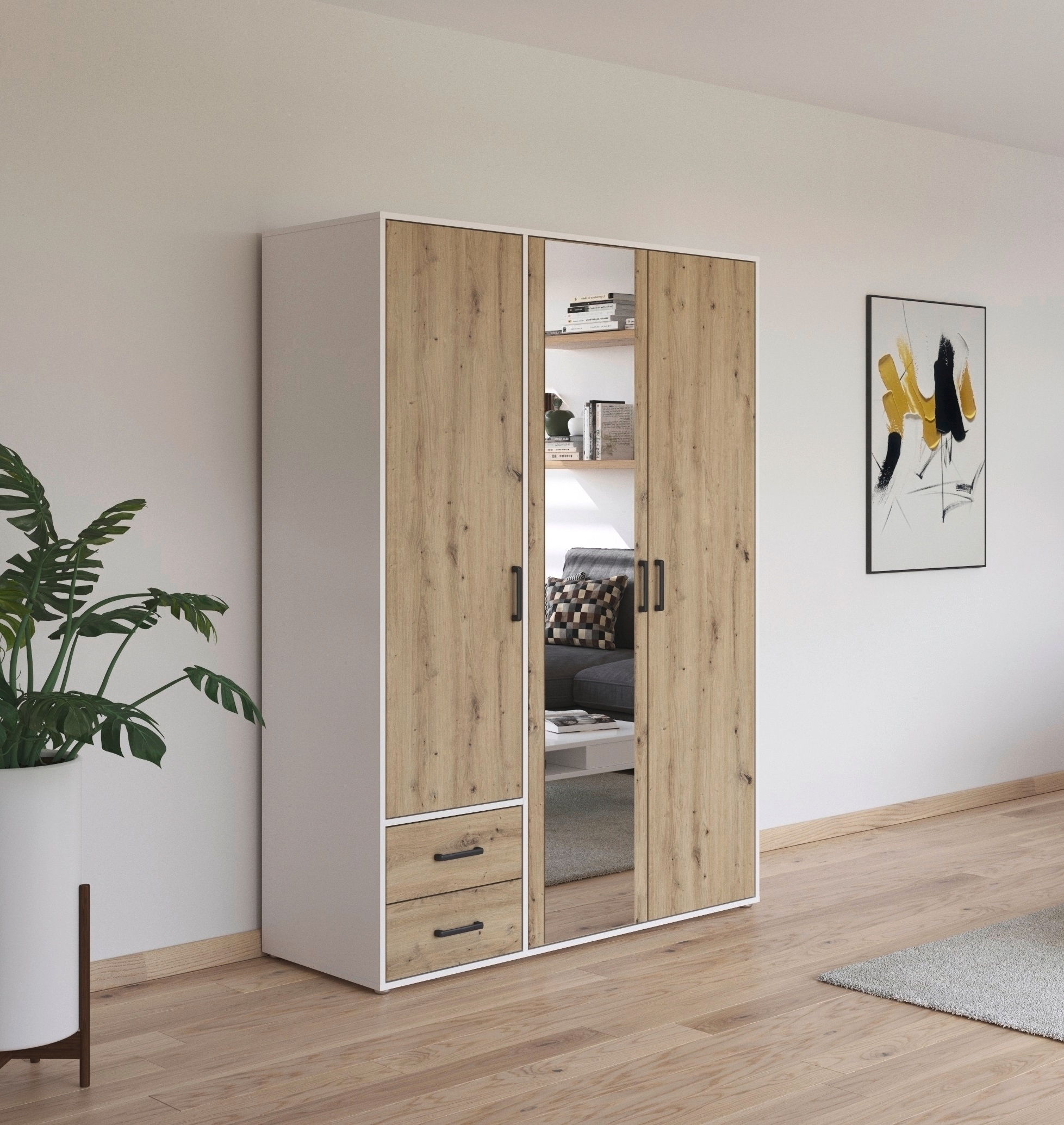 rauch Drehtürenschrank »Kleiderschrank Schrank Garderobe Wäscheschrank VOYAGER«, (in 3 verschiedenen Ausstattungen BASIC/CLASSIC/PREMIUM), mit modernen Griffen in Graumetallic, inkl. Schubkästen und Spiegel