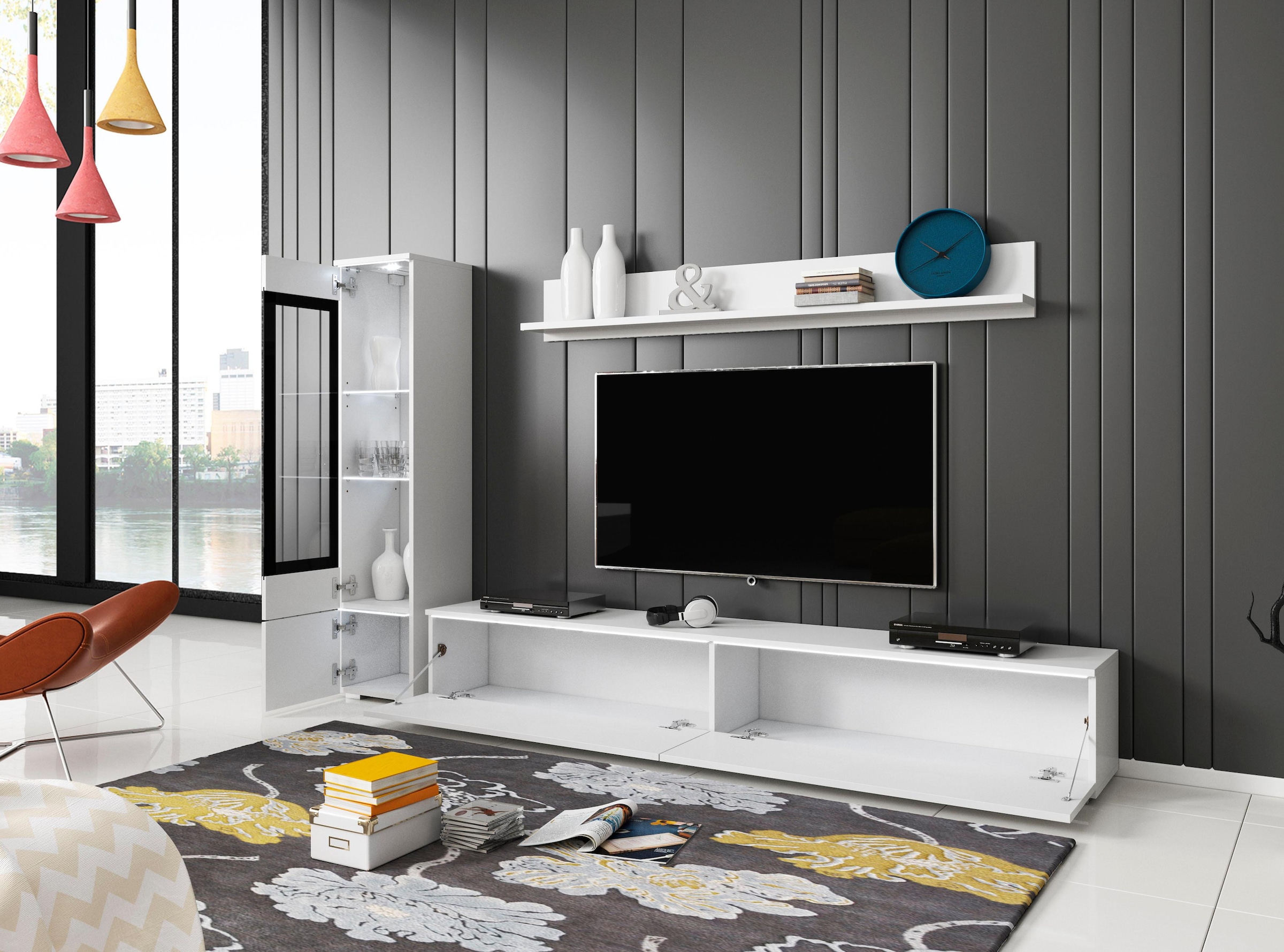 INOSIGN Wohnwand »VERA I, Vitrinen Türanschlag links/rechts wechselbar«, (Komplett-Set, 3 St.), Mediawand 230 cm, Vitrine mit Verglasung, stehend und hängend