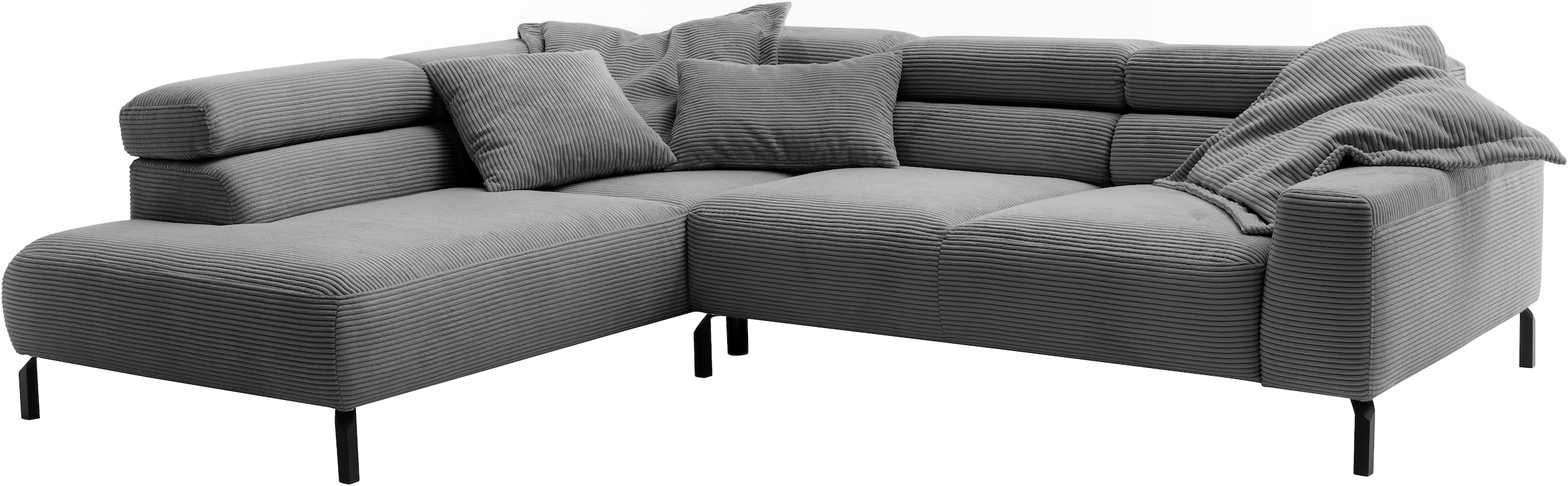 Places of Style Ecksofa »Antonelli, L-Form, inkl. Kopfteilverstellung, Breite 276 cm«, mit elektrischer Sitztiefenverstellung, in Cord, dunkelgrau