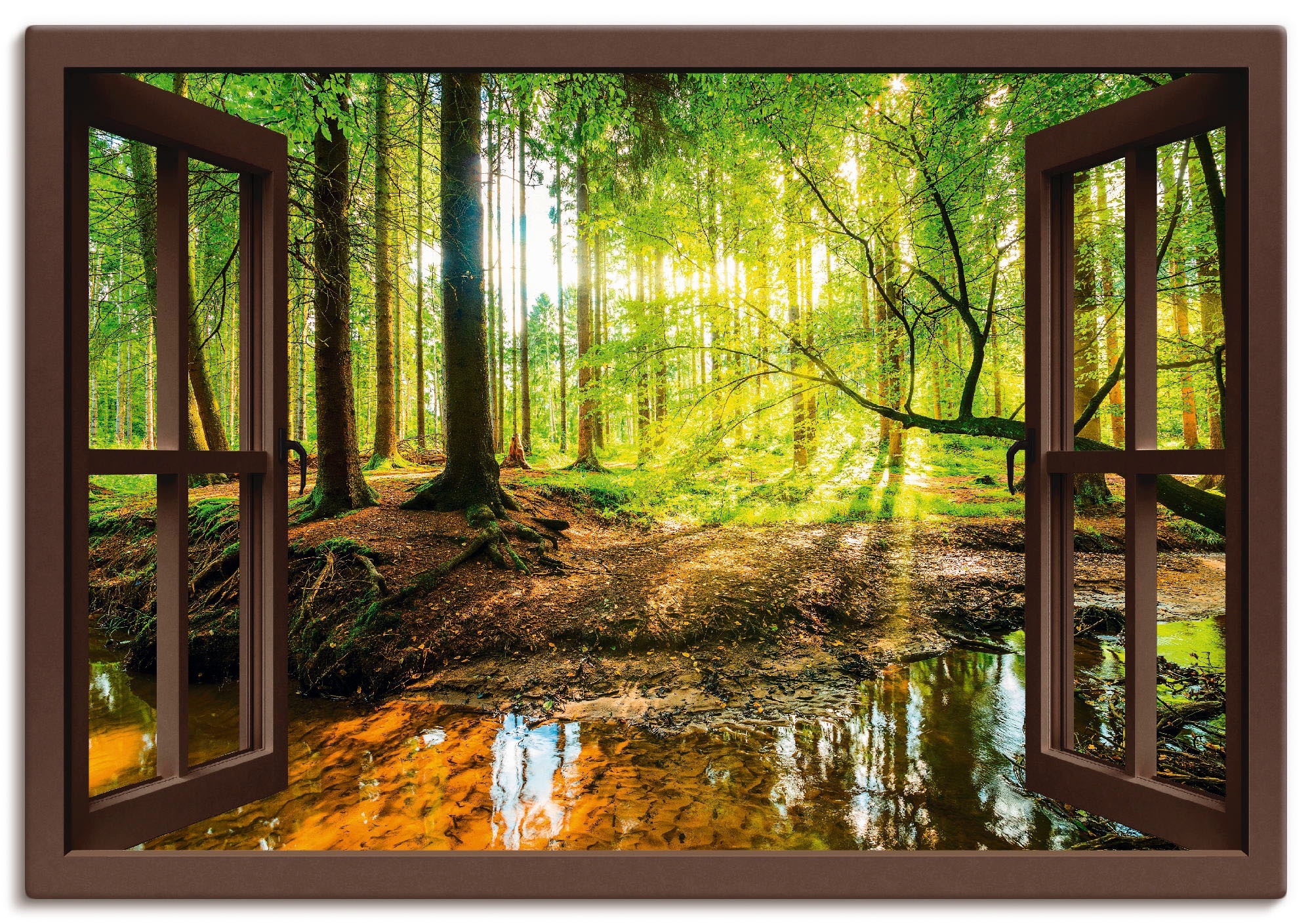 Artland Wandbild »Fensterblick - Wald mit Bach«, Wald, (1 St.), als Leinwandbild, Poster, Wandaufkleber in verschied. Größen