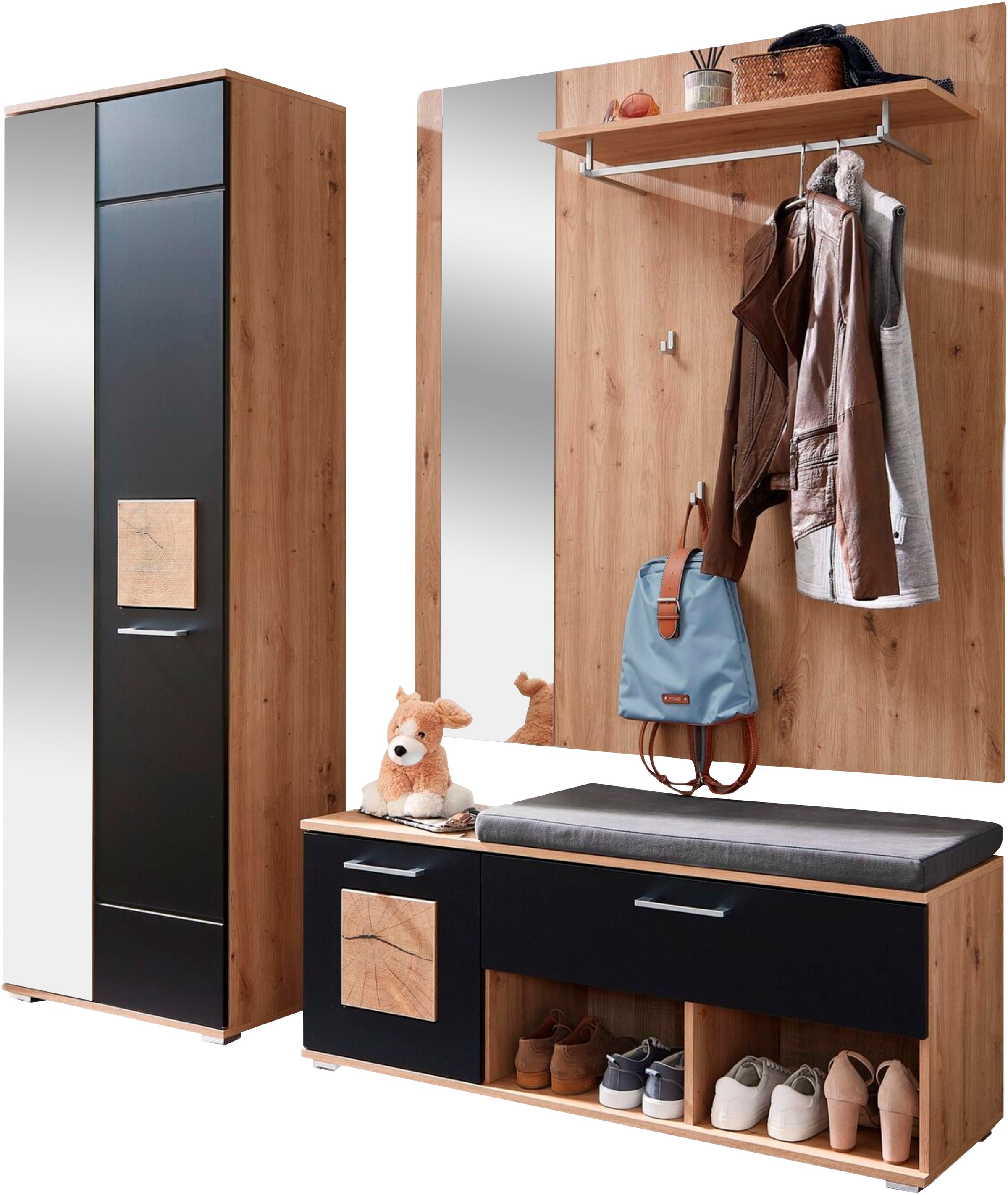 Innostyle Garderoben-Set »Fun Garderoben Set, 206x195x38cm (B/H/T)«, (1 St.), besteht aus 3 Typen,Spiegeltür,Sitzkissen