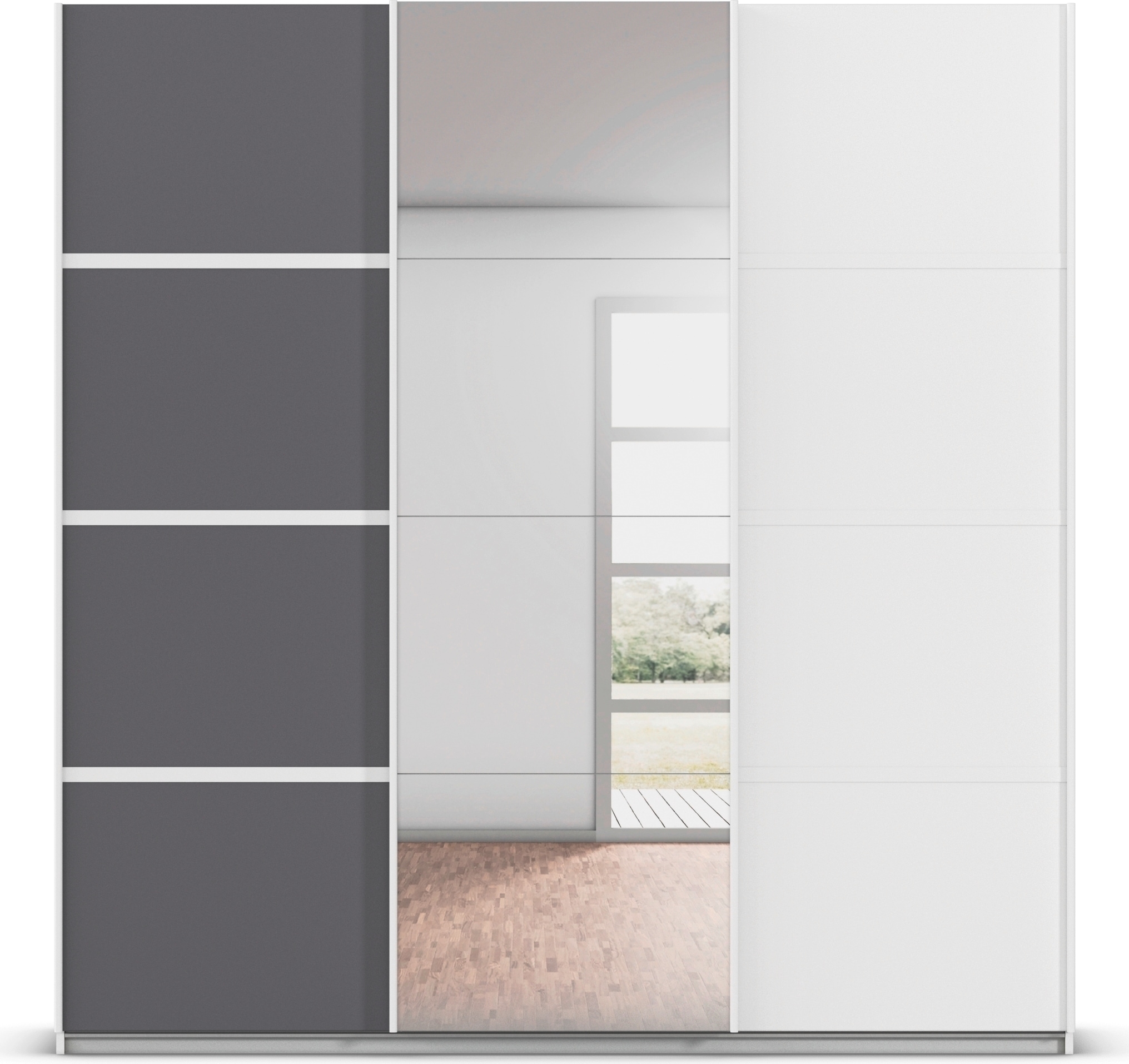 rauch Kleiderschrank »Schwebetürenschrank Garderobe Schrank TOP ANGEBOT Avola«, (in 3 verschiedenen Ausstattungen BASIC/CLASSIC/PREMIUM inkl. Spiegel), mit eleganten Zierleisten in Chrom, Schwarz oder Weiß MADE IN GERMANY