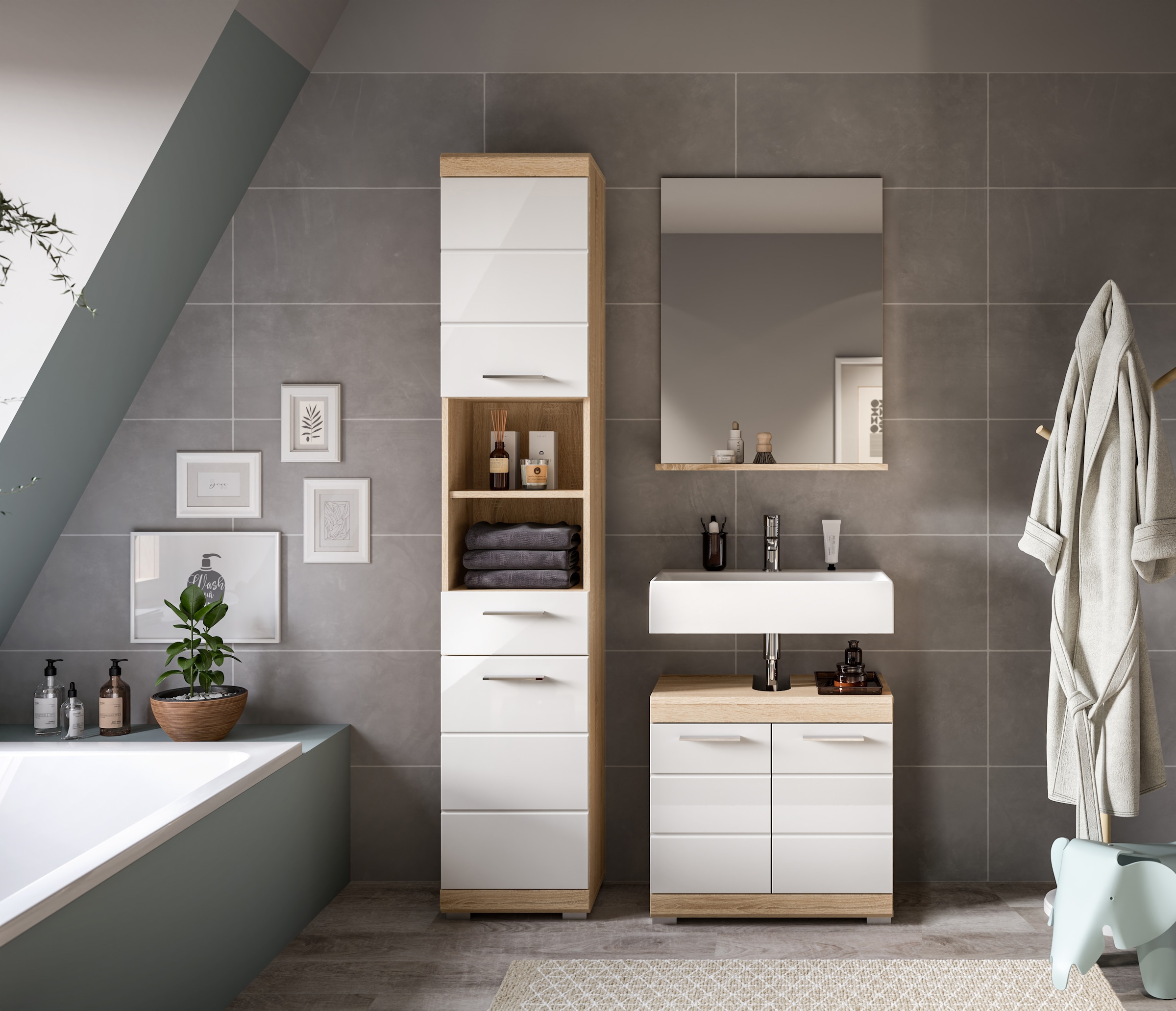 INOSIGN Badmöbel-Set »Siena, 3 teilig, bestehend aus:«, (Set), Hochschrank, Waschbeckenunterschrank, Spiegel