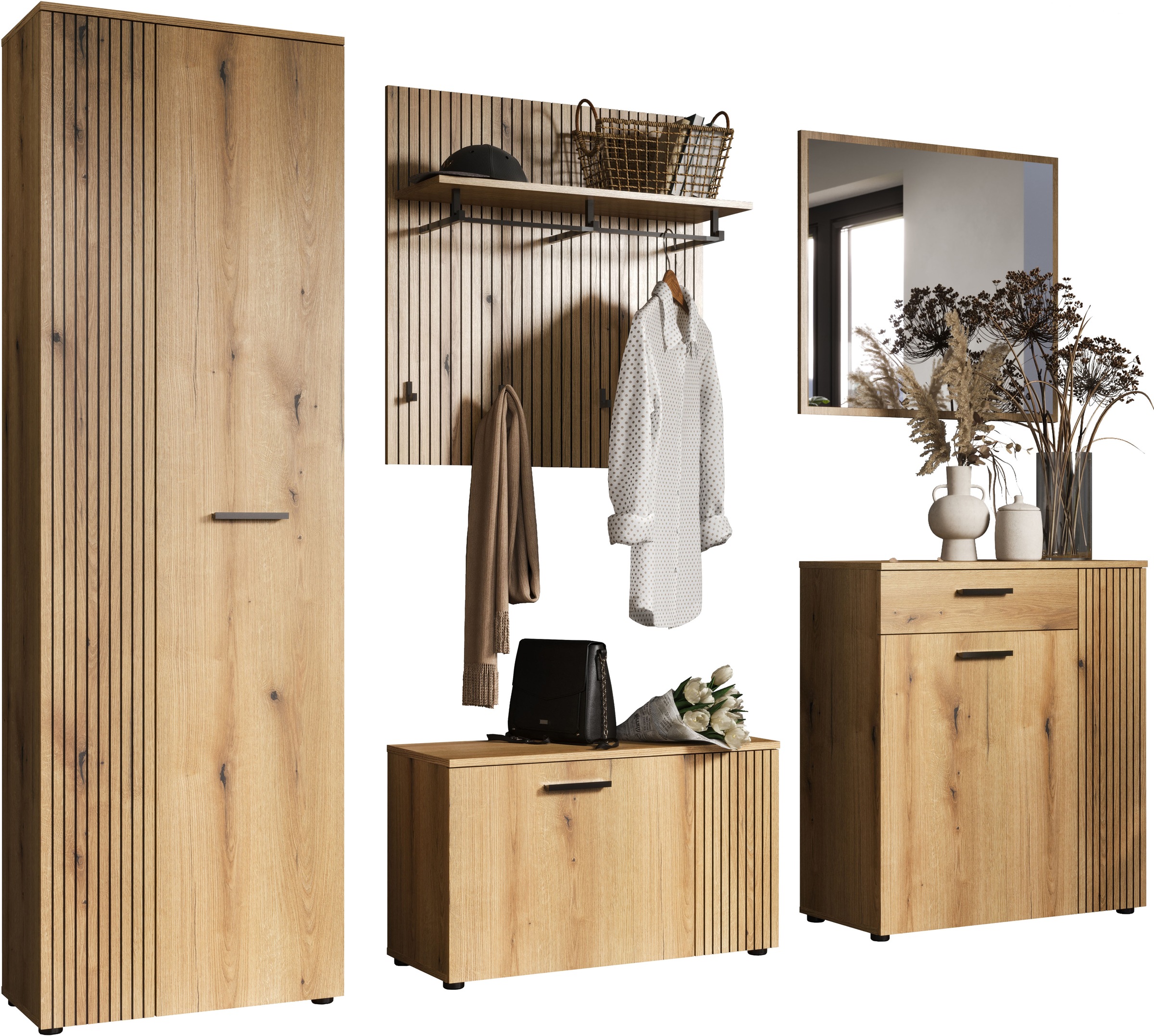 HOME AFFAIRE Garderoben-Set »Amrum« Komplett-Set, 5 Stk. tlg. Evoke Eiche Das Garderoben-Set überzeugt mit einer Breite von 250 cm, einer Tiefe von...