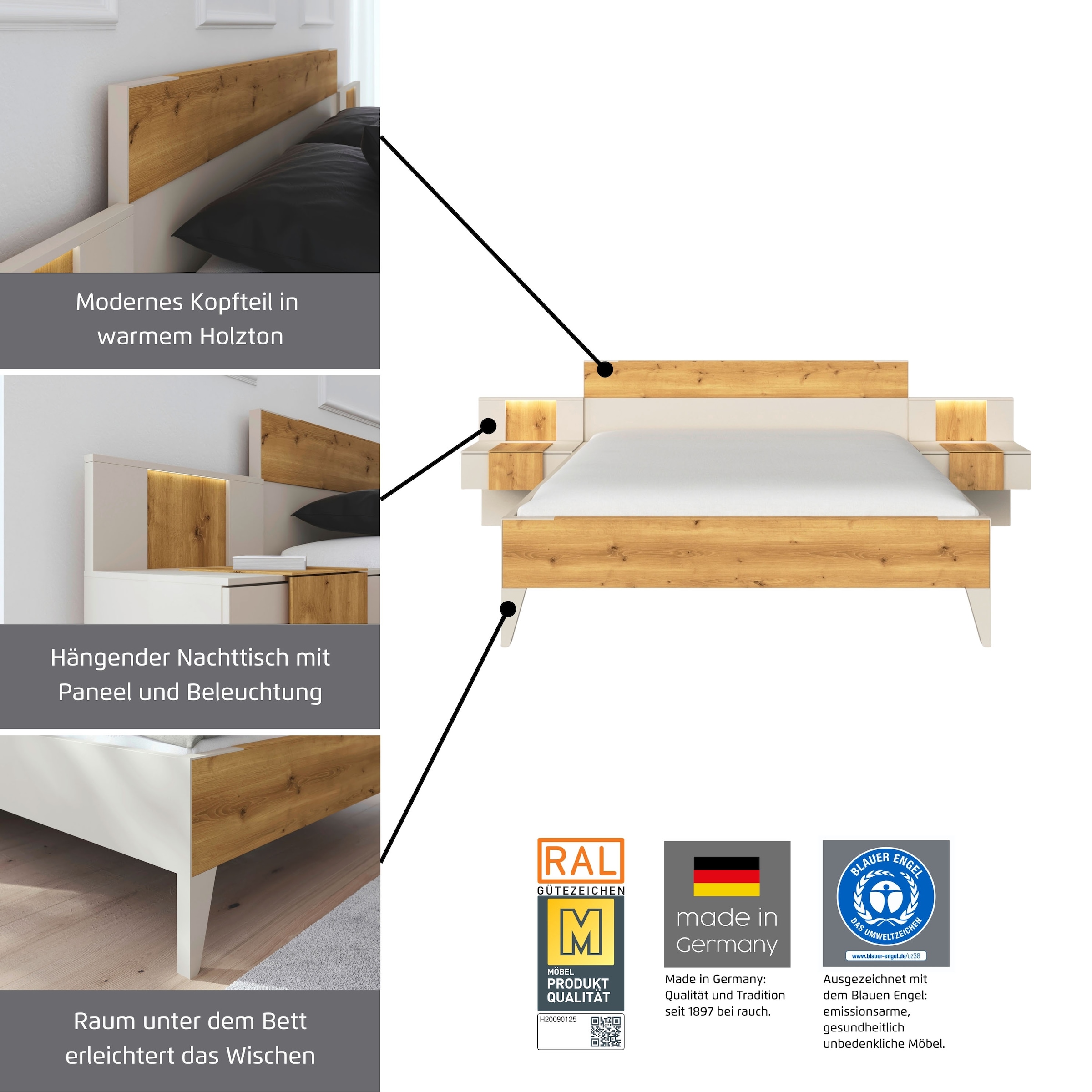 rauch Bettanlage »Bett Doppelbett Komfortbett Schlafzimmer Nachttische KONA« Set, Bett 180x200 oder 200x200, 2x Hängenachttisch, 2x Paneele mit Bel., 5 tlg. tlg. Absetzung Asteiche massiv, mit Soft-Close-Funktion MADE IN GERMANY