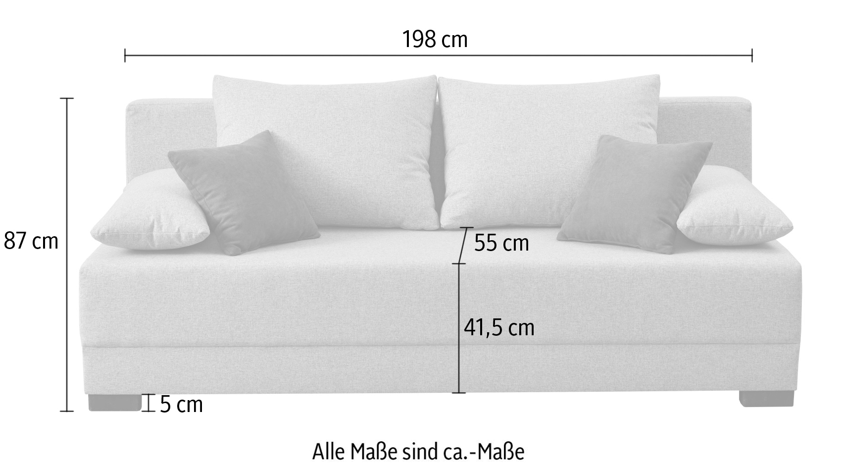 INOSIGN Schlafsofa »Sierra, 198 cm, mit Bettfunktion (150/198 cm) und Bettkasten,«, inkl. loser Rücken-, Zier- und Armlehnkissen