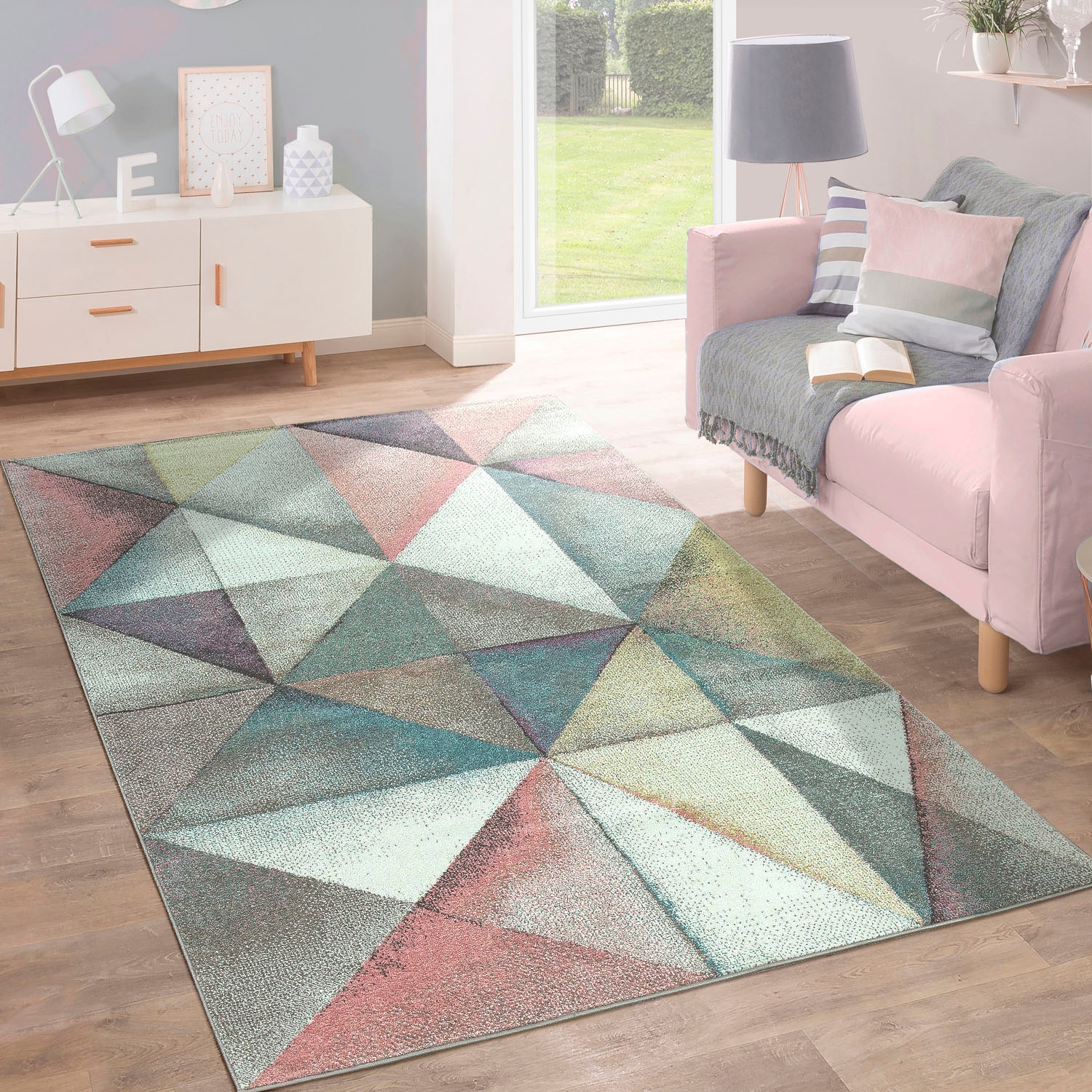 Paco Home Teppich »Kosy 513«, rechteckig, 13 mm Höhe, Kurzflor, buntes geometrisches Design, Pastell-Farben
