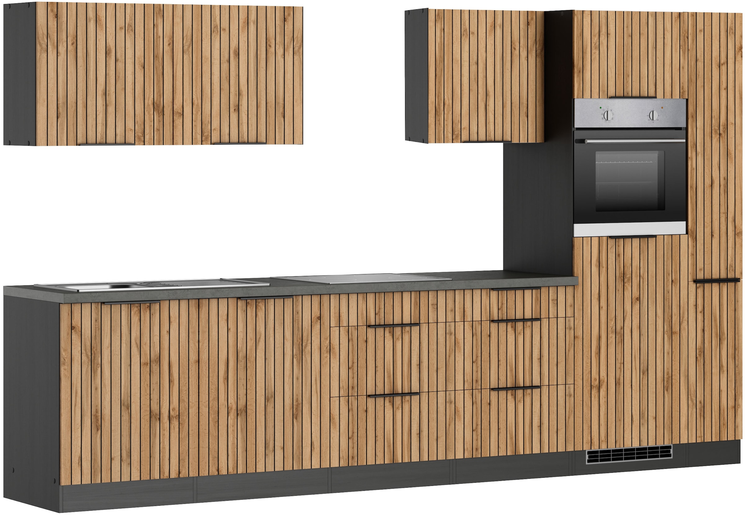 KOCHSTATION Küchenzeile »KS-Lagos, wahlweise mit E-Geräten, Spüle edelstahl oder schwarz«, Breite 330cm, Ceran-oder Induktionskochfeld,mit oder ohne Kühlschrank