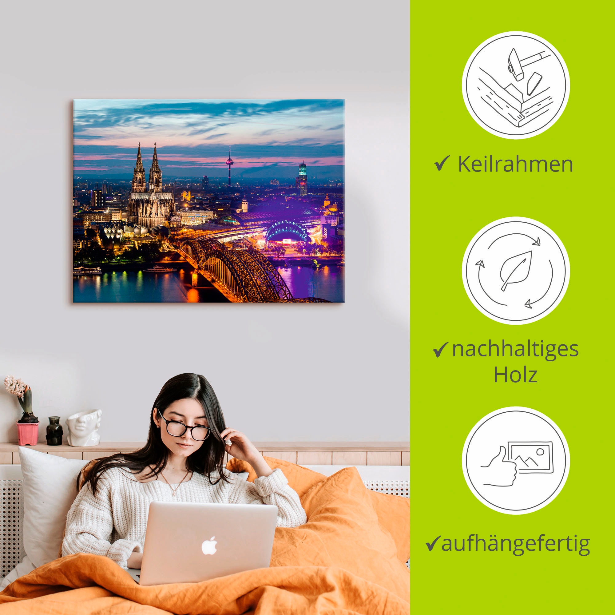 Artland Leinwandbild »Köln Panorama am Abend« Deutschland 1 Stk. tlg. auf Holzrahmen gespannt