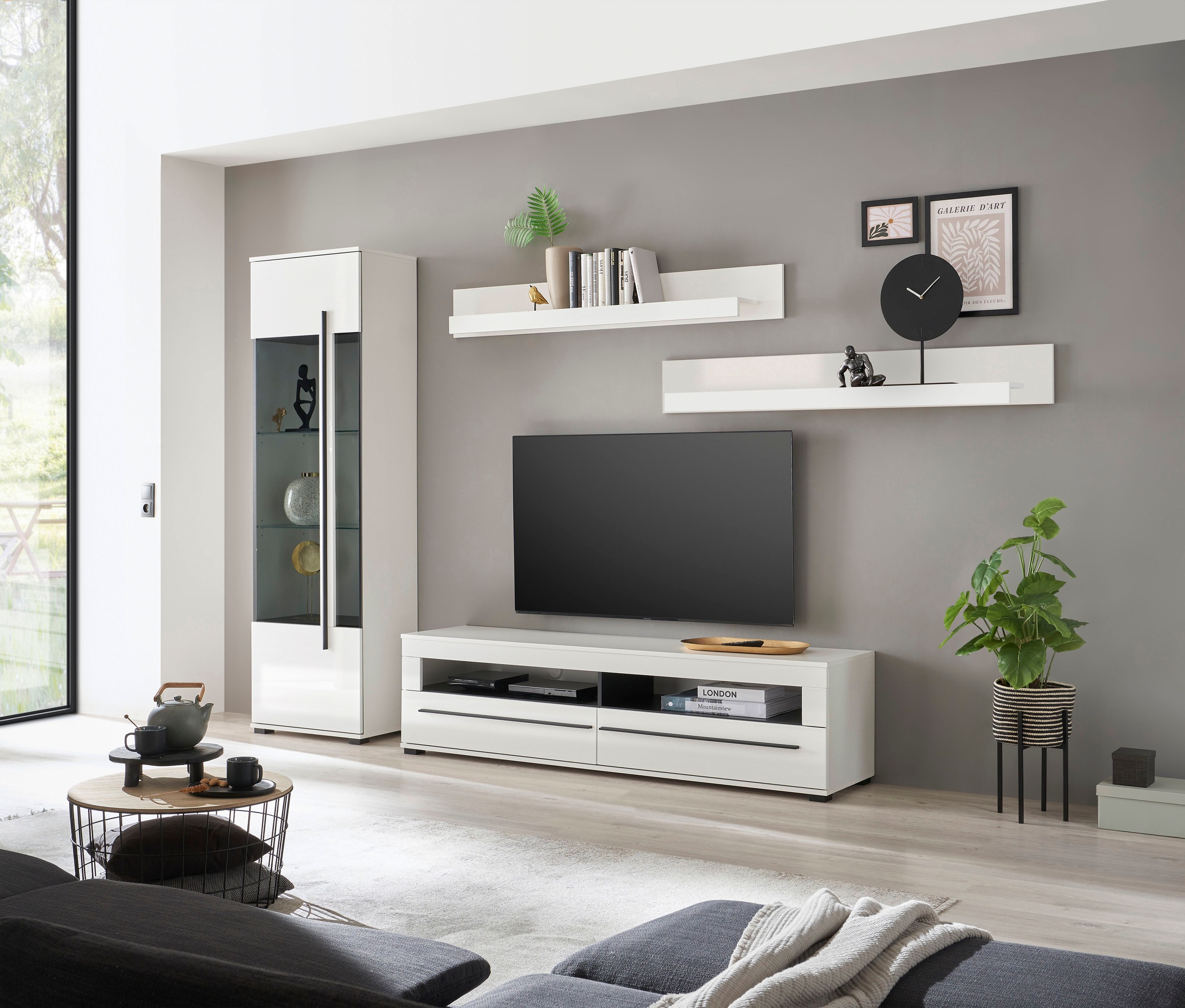 INOSIGN Wohnwand »Cantara, moderne Anbauwand, Wohnzimmer-Set, in Eiche Evoke oder Weiß«, (Set), enthält eine Vitrine, ein Lowboard und zwei Wandboards