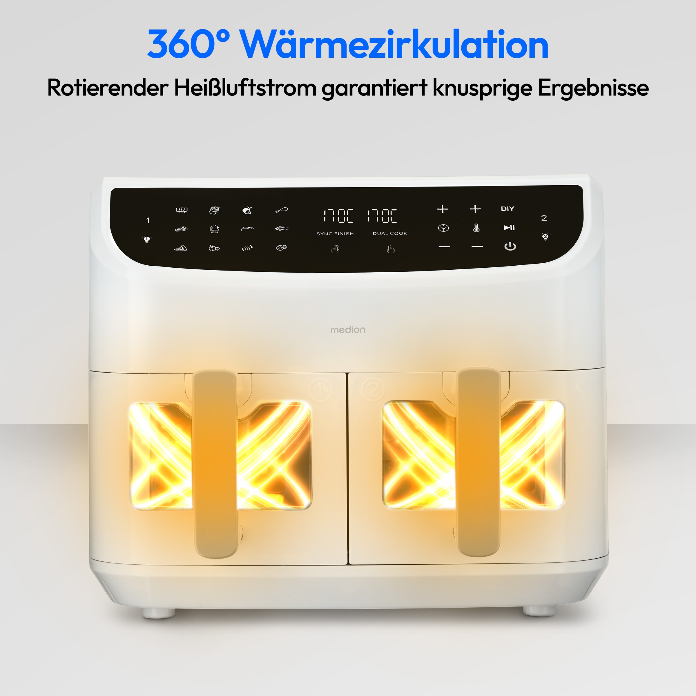 Medion® Heißluftfritteuse »P20 XL (MD 11760) 8,7 L Korbvolumen, 9 Automatikprogramme, Dual Cook«, 2400 W, Temperatur 50 - 200 °C, ILAG Beschichtung, Sync-Finish