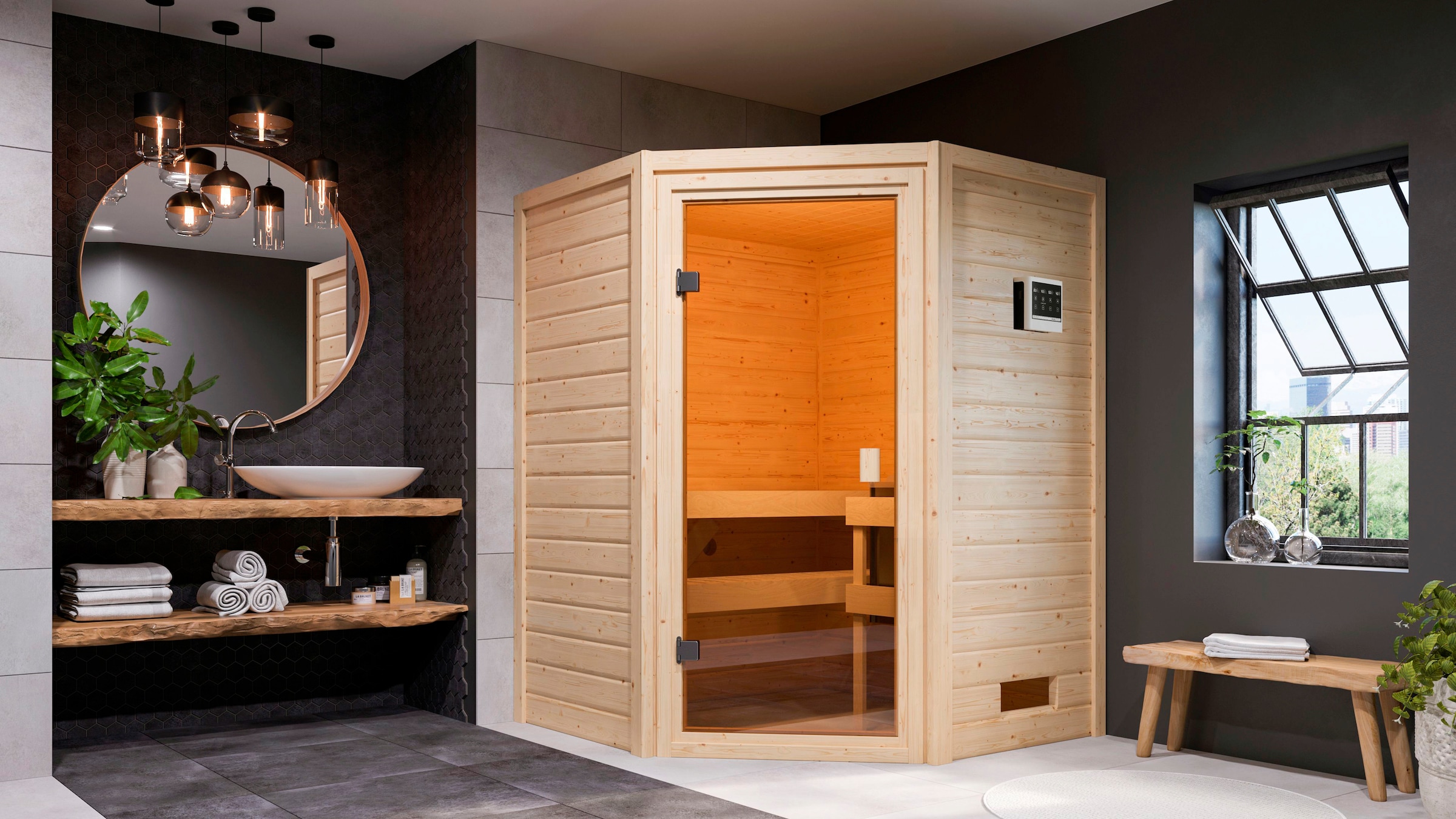 welltime Sauna »Anni«, 3,6-kW-Bio-Plug & Play Ofen mit ext. Steuerung