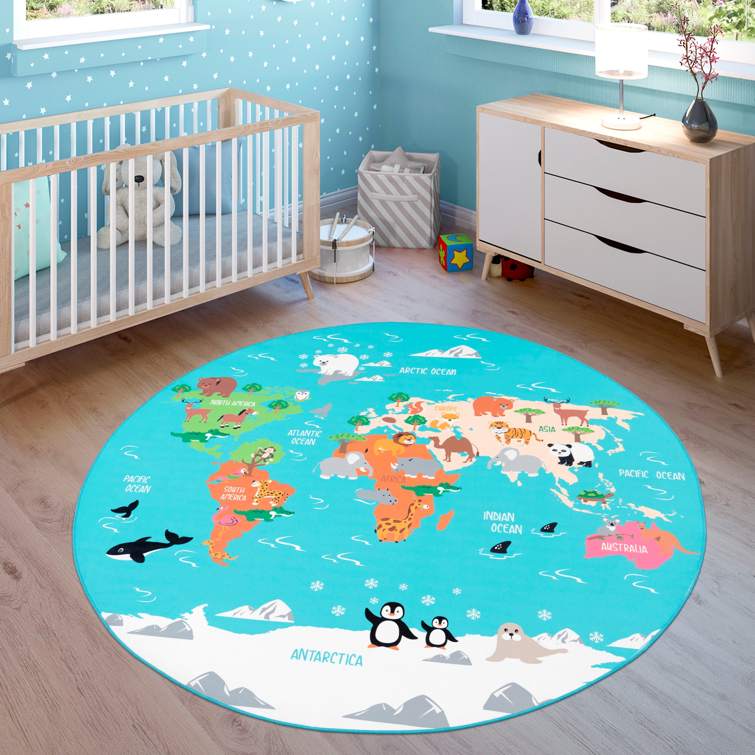 Paco Home Kinderteppich »Bino 564«, rund, 4 mm Höhe, Kurzflor, Motiv Weltka günstig online kaufen