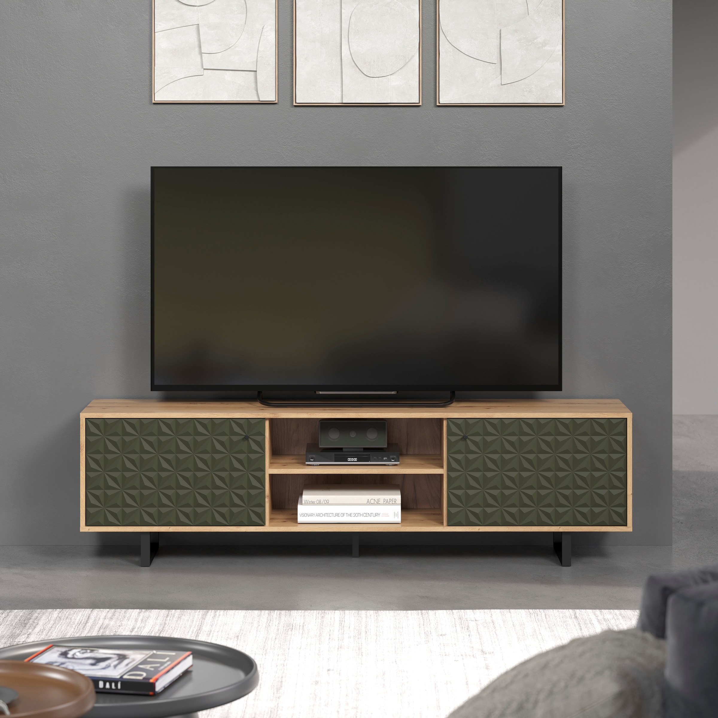 Places of Style TV-Board »Ferretti«, TV-Tisch mit besonderer Fräsung - Füße und Griffe aus Metall