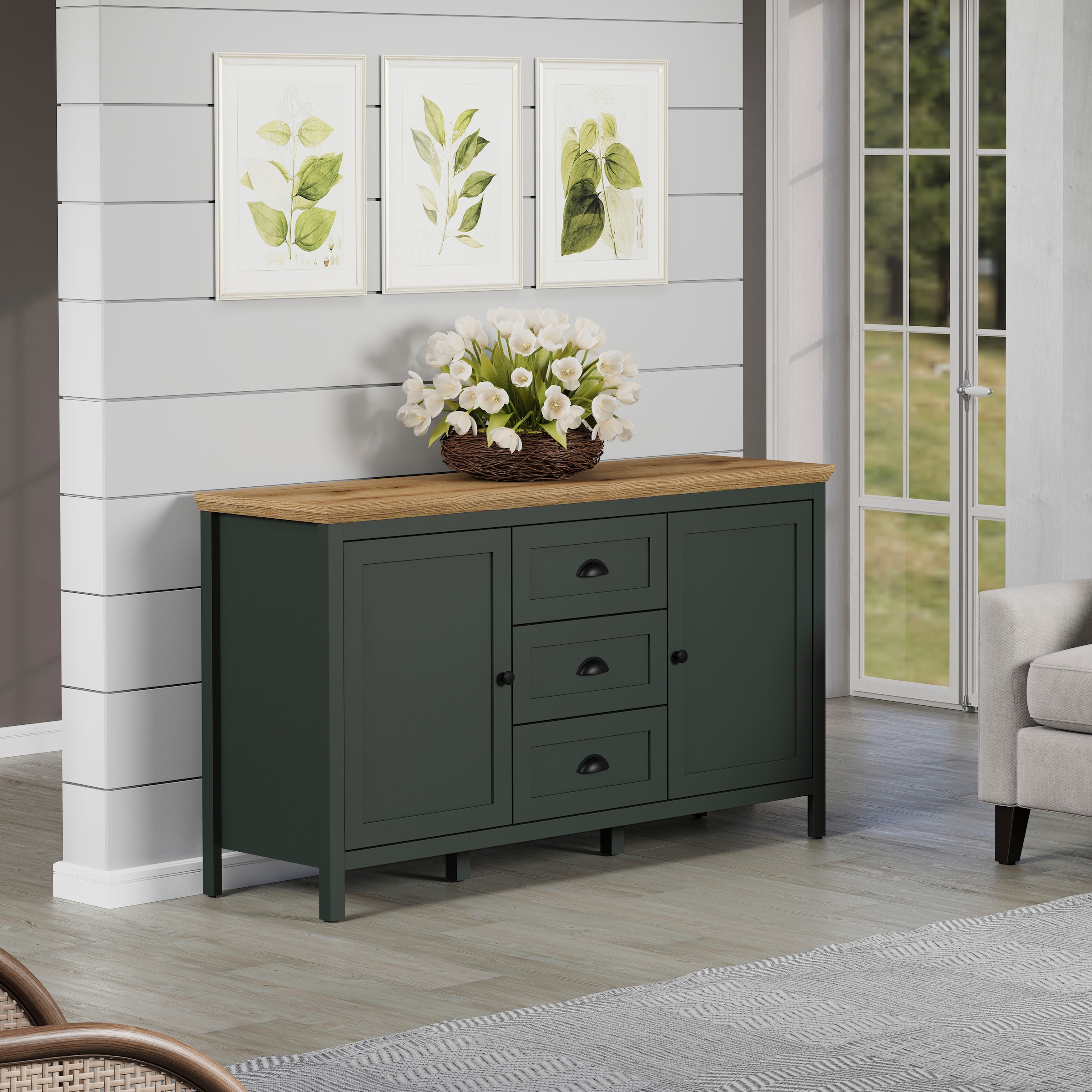 Home affaire Sideboard »Vienna«, Kommode im Landhausstil mit Muschelgriffen - 3 Schubladen und 4 Fächer