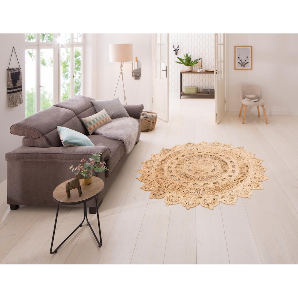 my home Teppich »Amar«, rund, 7 mm Höhe, Naturprodukt, geflochtener Wendeteppich aus 100% Jute, im Boho Stil, idealer Teppich für Wohnzimmer, Schlafzimmer, Esszimmer