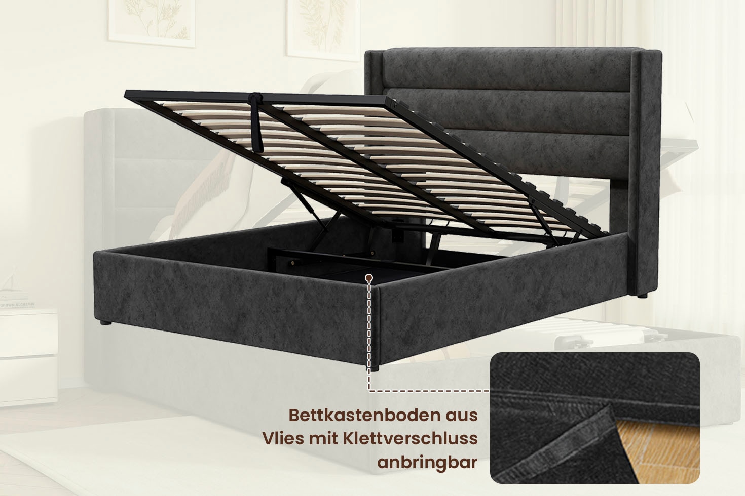 OTTO home Polsterbett »ROMMINA, Polsterbett mit Bettkasten in den Breiten 140cm & 180cm« Samtweicher Chenille-Bezug