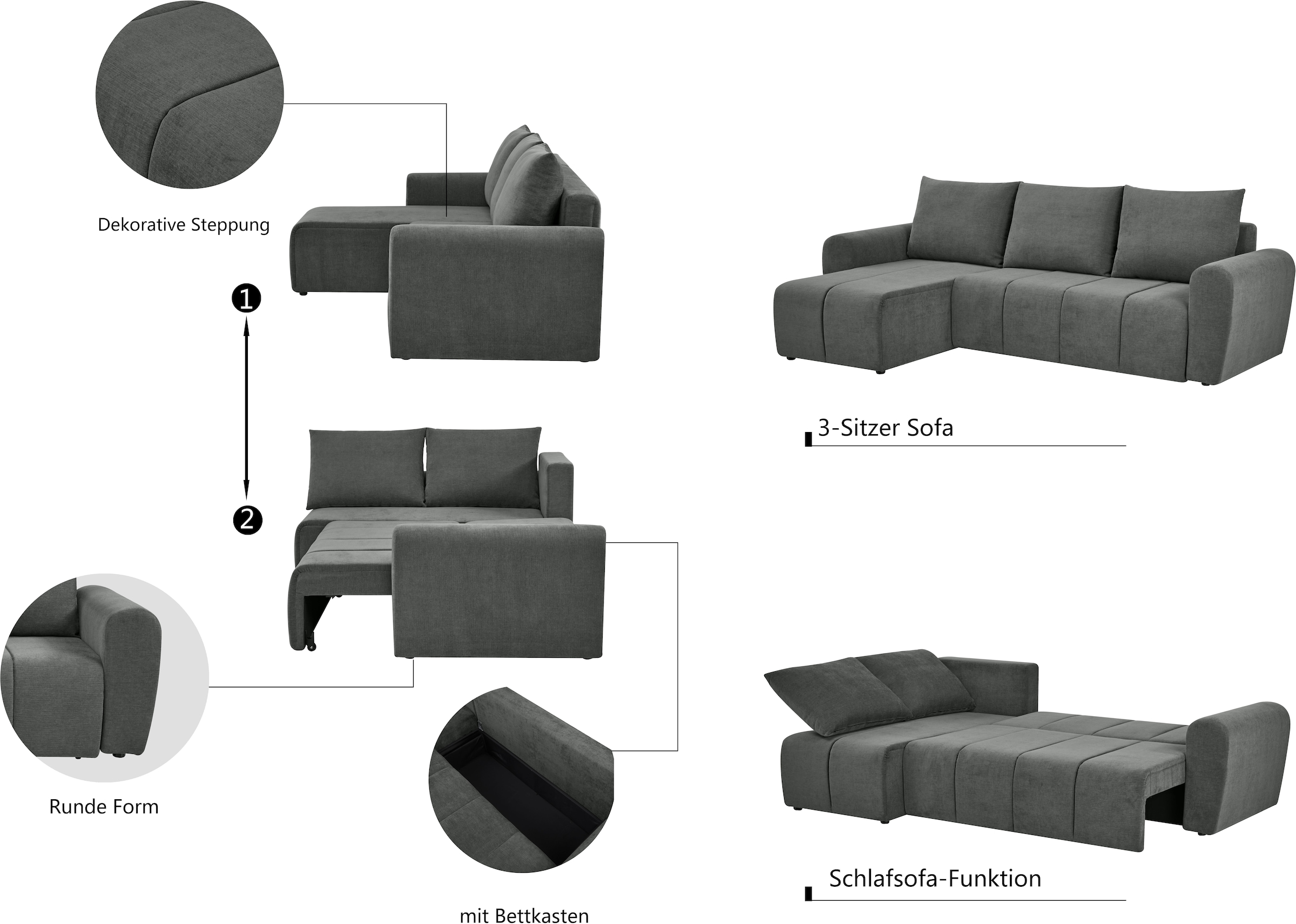 Home affaire Ecksofa »Nortrud, 241 cm, L-Form, mit Schlaffunktion u. Bettkasten« Recamiere rechts / links montierbar, in Cord und Webstoff