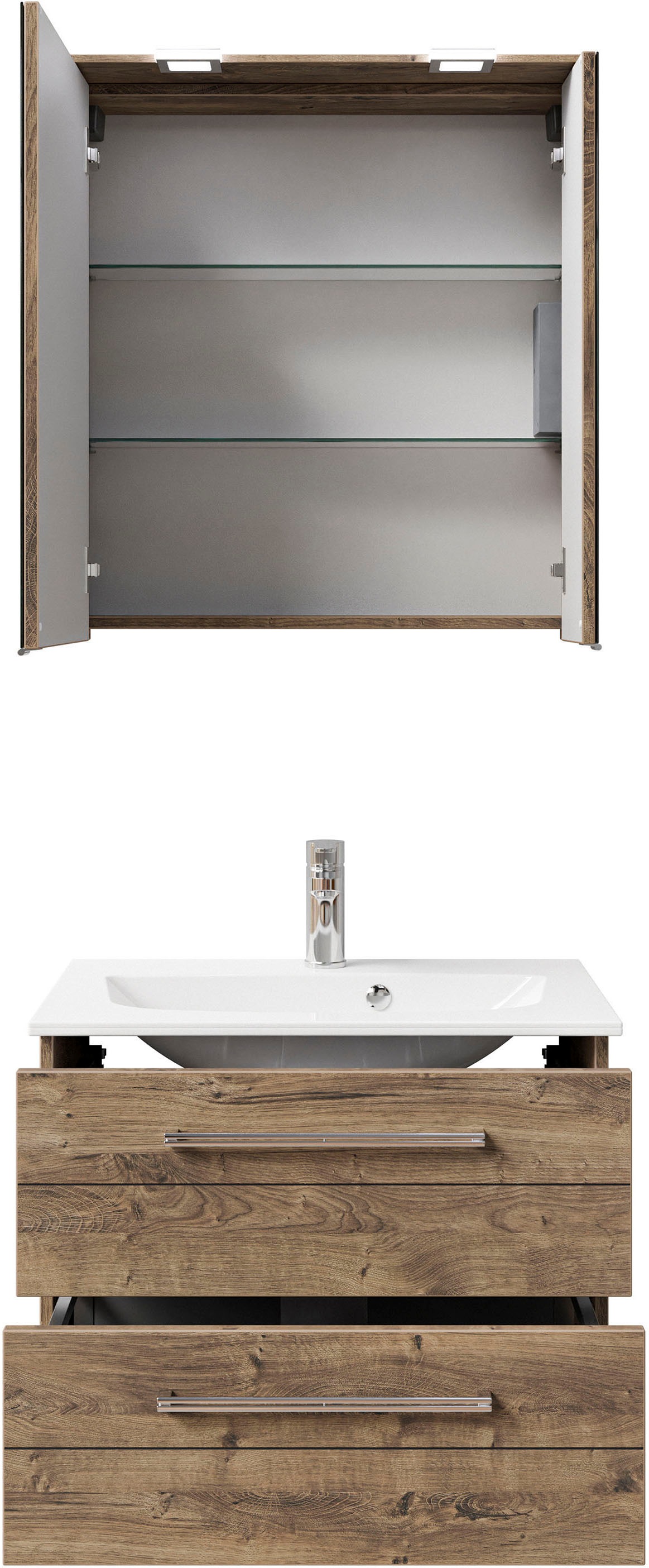 Saphir Badmöbel-Set »Serie 6025 2-teilig Mineralmarmor-Waschtisch mit LED-Spiegelschrank«, (2 St.), Waschplatz 67 cm breit, 2 Schubladen, 2 Spiegel-Türen, inkl Türdämpfer
