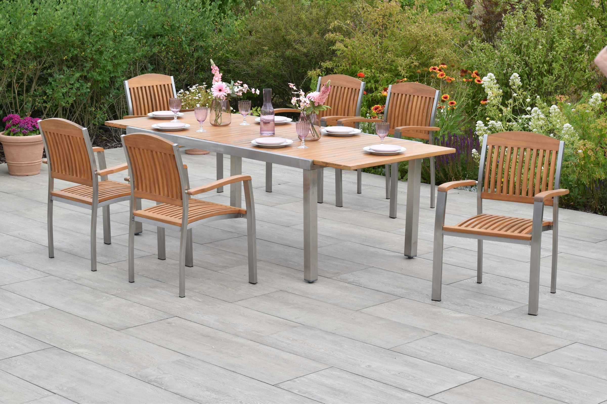 MERXX Garten-Essgruppe »»Keros«« Set, Geöltes Akazienholz, Edelstahlgestell günstig online kaufen