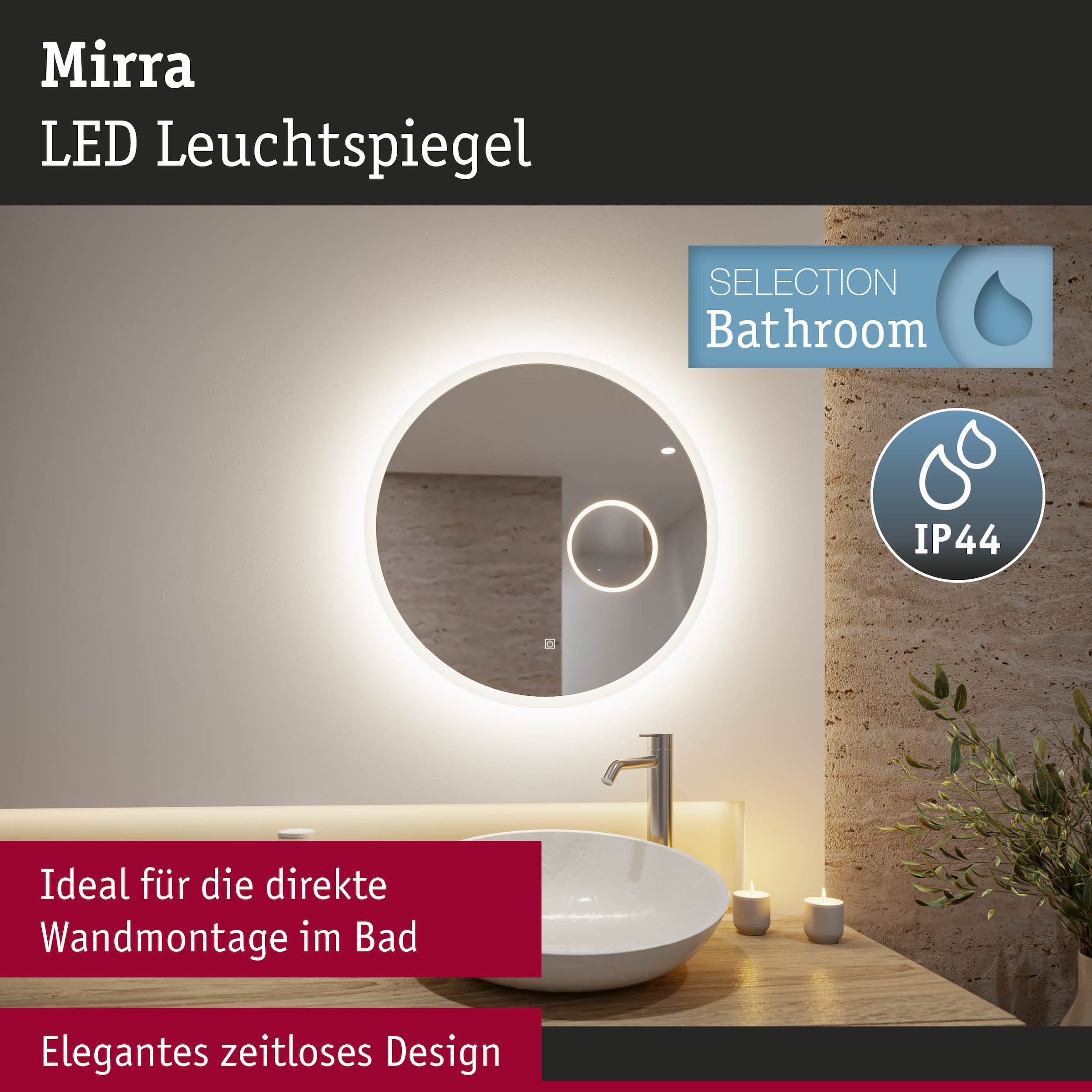 Paulmann LED Spiegelleuchte »LED Leuchtspiegel Mirra IP44 dimmbar Spiegel«, 1 flammig, Memoryfunktion, Dimmer