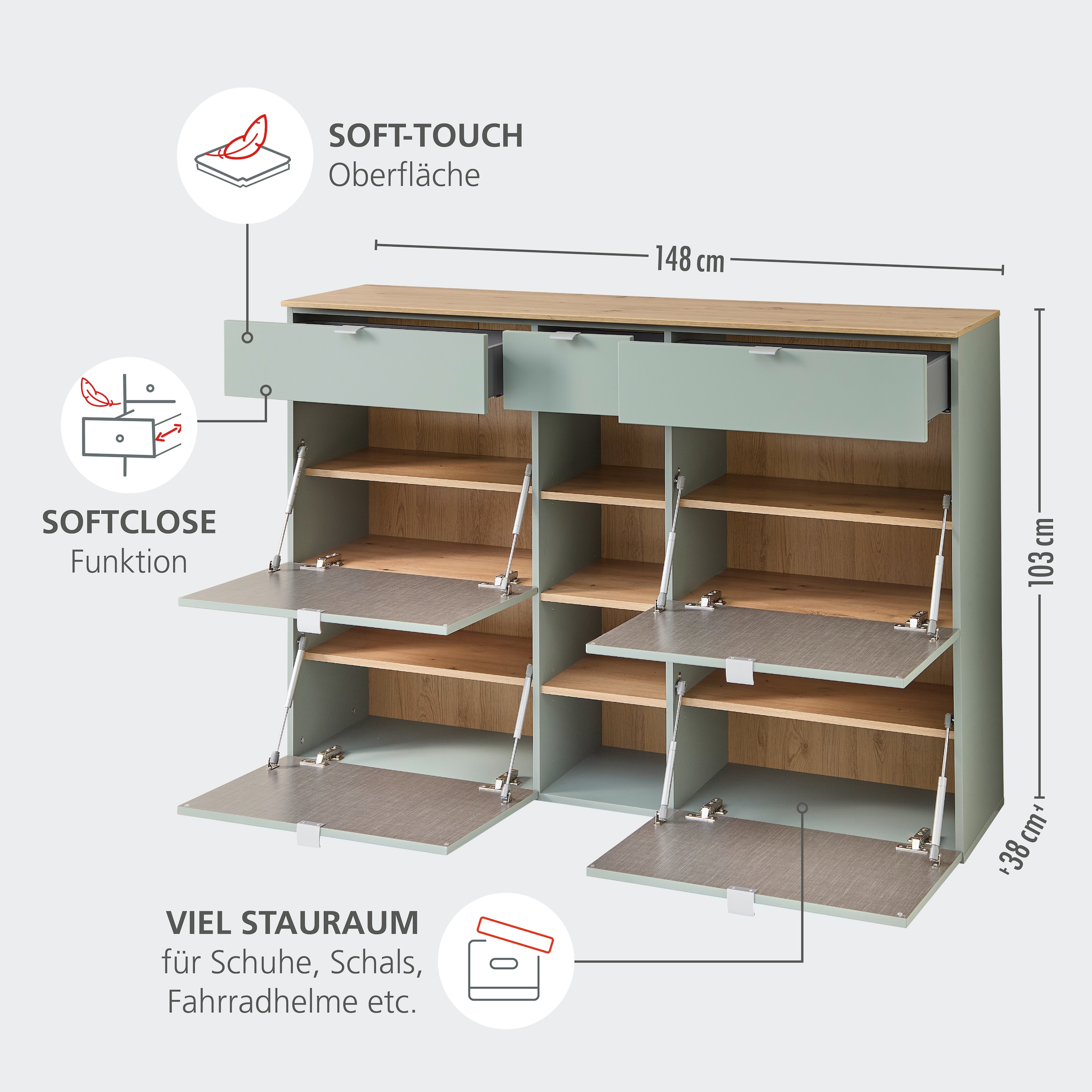 Innostyle Schuhschrank »Bari Schuhschrank mit Schubkästen, BxHxT 7148x103x38 cm« 1 Stk. tlg. 4 Klappen, 12 Fächer, Softclose, ABS Kantenschutz